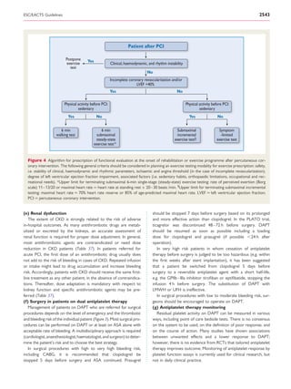 ESC/EACTS Guidelines                                                                                                                             2543




                                                                    Patient after PCI

                          Postpone      Yes
                          exercise                       Clinical, haemodynamic, and rhythm instability
                            test
                                                                                No
                                                         Incomplete coronary revascularization and/or
                                                                        LVEF <40%
                                                         Yes                                       No

                         Physical activity before PCI:                                                    Physical activity before PCI:
                                  sedentary                                                                        sedentary
                            Yes                No                                                           Yes                No


                       6 min                       6 min                                          Submaximal                   Symptom
                    walking test                submaximal                                         incremental                  -limited
                                               steady-state                                      exercise test §              exercise test
                                              exercise test *


  Figure 4 Algorithm for prescription of functional evaluation at the onset of rehabilitation or exercise programme after percutaneous cor-
  onary intervention. The following general criteria should be considered in planning an exercise testing modality for exercise prescription: safety,
  i.e. stability of clinical, haemodynamic and rhythmic parameters, ischaemic and angina threshold (in the case of incomplete revascularization),
  degree of left ventricular ejection fraction impairment, associated factors (i.e. sedentary habits, orthopaedic limitations, occupational and rec-
  reational needs). *Upper limit for terminating submaximal 6-min single-stage (steady-state) exercise testing: rate of perceived exertion (Borg
  scale) 11 – 13/20 or maximal heart rate ¼ heart rate at standing rest + 20 – 30 beats /min. §Upper limit for terminating submaximal incremental
  testing: maximal heart rate ¼ 70% heart rate reserve or 85% of age-predicted maximal heart rate. LVEF ¼ left ventricular ejection fraction;
  PCI ¼ percutaneous coronary intervention.


(e) Renal dysfunction                                                              should be stopped 7 days before surgery based on its prolonged
   The extent of CKD is strongly related to the risk of adverse                    and more effective action than clopidogrel. In the PLATO trial,
in-hospital outcomes. As many antithrombotic drugs are metab-                      ticagrelor was discontinued 48– 72 h before surgery. DAPT
olized or excreted by the kidneys, an accurate assessment of                       should be resumed as soon as possible including a loading
renal function is required for proper dose adjustment. In general,                 dose for clopidogrel and prasugrel (if possible ,24 h after
most antithrombotic agents are contraindicated or need dose                        operation).
reduction in CKD patients (Table 37). In patients referred for                        In very high risk patients in whom cessation of antiplatelet
acute PCI, the ﬁrst dose of an antithrombotic drug usually does                    therapy before surgery is judged to be too hazardous (e.g. within
not add to the risk of bleeding in cases of CKD. Repeated infusion                 the ﬁrst weeks after stent implantation), it has been suggested
or intake might lead to drug accumulation and increase bleeding                    that a patient be switched from clopidogrel 5 days before
risk. Accordingly, patients with CKD should receive the same ﬁrst-                 surgery to a reversible antiplatelet agent with a short half-life,
line treatment as any other patient, in the absence of contraindica-               e.g. the GPIIb –IIIa inhibitor tiroﬁban or eptiﬁbatide, stopping the
tions. Thereafter, dose adaptation is mandatory with respect to                    infusion 4 h before surgery. The substitution of DAPT with
kidney function and speciﬁc antithrombotic agents may be pre-                      LMWH or UFH is ineffective.
ferred (Table 37).                                                                    In surgical procedures with low to moderate bleeding risk, sur-
(f) Surgery in patients on dual antiplatelet therapy                               geons should be encouraged to operate on DAPT.
   Management of patients on DAPT who are referred for surgical                    (g) Antiplatelet therapy monitoring
procedures depends on the level of emergency and the thrombotic                       Residual platelet activity on DAPT can be measured in various
and bleeding risk of the individual patient (Figure 3). Most surgical pro-         ways, including point of care bedside tests. There is no consensus
cedures can be performed on DAPT or at least on ASA alone with                     on the system to be used, on the deﬁnition of poor response, and
acceptable rate of bleeding. A multidisciplinary approach is required              on the course of action. Many studies have shown associations
(cardiologist, anaesthesiologist, haematologist, and surgeon) to deter-            between unwanted effects and a lower response to DAPT;
mine the patient’s risk and to choose the best strategy.                           however, there is no evidence from RCTs that tailored antiplatelet
   In surgical procedures with high to very high bleeding risk,                    therapy improves outcome. Monitoring of antiplatelet response by
including CABG, it is recommended that clopidogrel be                              platelet function assays is currently used for clinical research, but
stopped 5 days before surgery and ASA continued. Prasugrel                         not in daily clinical practice.
 