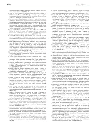 2548                                                                                                                                                 ESC/EACTS Guidelines


      myocardial perfusion imaging in patients with symptoms suggestive of coronary         42. Trikalinos TA, Alsheikh-Ali AA, Tatsioni A, Nallamothu BK, Kent DM. Percuta-
      artery disease. Circulation 2002;105:32 –40.                                              neous coronary interventions for non-acute coronary artery disease: a quantitat-
24.   Schuijf JD, Wijns W, Jukema JW, Decramer I, Atsma DE, de Roos A, Stokkel MP,              ive 20-year synopsis and a network meta-analysis. Lancet 2009;373:911 –918.
      Dibbets-Schneider P, van der Wall EE, Bax JJ. A comparative regional analysis of      43. Boden WE, O’Rourke RA, Teo KK, Hartigan PM, Maron DJ, Kostuk WJ,
      coronary atherosclerosis and calcium score on multislice CT versus myocardial             Knudtson M, Dada M, Casperson P, Harris CL, Chaitman BR, Shaw L,
      perfusion on SPECT. J Nucl Med 2006;47:1749 –1755.                                        Gosselin G, Nawaz S, Title LM, Gau G, Blaustein AS, Booth DC, Bates ER,
25.   Nandalur KR, Dwamena BA, Choudhri AF, Nandalur MR, Carlos RC. Diagnostic                  Spertus JA, Berman DS, Mancini GB, Weintraub WS. Optimal medical therapy
      performance of stress cardiac magnetic resonance imaging in the detection of              with or without PCI for stable coronary disease. N Engl J Med 2007;356:
      coronary artery disease: a meta-analysis. J Am Coll Cardiol 2007;50:1343 – 1353.          1503 –1516.
26.   Bateman TM, Heller GV, McGhie AI, Friedman JD, Case JA, Bryngelson JR,                44. Brophy JM, Belisle P, Joseph L. Evidence for use of coronary stents. A hierarchical
      Hertenstein GK, Moutray KL, Reid K, Cullom SJ. Diagnostic accuracy of rest/               bayesian meta-analysis. Ann Intern Med 2003;138:777 –786.
      stress ECG-gated Rb-82 myocardial perfusion PET: comparison with ECG-gated            45. Stettler C, Wandel S, Allemann S, Kastrati A, Morice MC, Schomig A,
      Tc-99m sestamibi SPECT. J Nucl Cardiol 2006;13:24–33.                                     Pﬁsterer ME, Stone GW, Leon MB, de Lezo JS, Goy JJ, Park SJ, Sabate M,
27.   Botman KJ, Pijls NH, Bech JW, Aarnoudse W, Peels K, van Straten B, Penn O,                Suttorp MJ, Kelbaek H, Spaulding C, Menichelli M, Vermeersch P, Dirksen MT,
      Michels HR, Bonnier H, Koolen JJ. Percutaneous coronary intervention or                   Cervinka P, Petronio AS, Nordmann AJ, Diem P, Meier B, Zwahlen M,
      bypass surgery in multivessel disease? A tailored approach based on coronary              Reichenbach S, Trelle S, Windecker S, Juni P. Outcomes associated with
      pressure measurement. Catheter Cardiovasc Interv 2004;63:184 – 191.                       drug-eluting and bare-metal stents: a collaborative network meta-analysis.
28.   Tonino PA, de Bruyne B, Pijls NH, Siebert U, Ikeno F, Veer M, Klauss V,                   Lancet 2007;370:937–948.
      Manoharan G, Engstrom T, Oldroyd KG, Ver Lee PN, MacCarthy PA,                        46. Kirtane AJ, Gupta A, Iyengar S, Moses JW, Leon MB, Applegate R, Brodie B,
      Fearon WF. Fractional ﬂow reserve versus angiography for guiding percutaneous             Hannan E, Harjai K, Jensen LO, Park SJ, Perry R, Racz M, Saia F, Tu JV,
      coronary intervention. N Engl J Med 2009;360:213 –224.                                    Waksman R, Lansky AJ, Mehran R, Stone GW. Safety and efﬁcacy of drug-eluting
29.   Hlatky MA, Boothroyd DB, Bravata DM, Boersma E, Booth J, Brooks MM,                       and bare metal stents: comprehensive meta-analysis of randomized trials and
      Carrie D, Clayton TC, Danchin N, Flather M, Hamm CW, Hueb WA,                             observational studies. Circulation 2009;119:3198 – 3206.
      Kahler J, Kelsey SF, King SB, Kosinski AS, Lopes N, McDonald KM,                      47. Loop FD, Lytle BW, Cosgrove DM, Stewart RW, Goormastic M, Williams GW,
      Rodriguez A, Serruys P, Sigwart U, Stables RH, Owens DK, Pocock SJ. Coronary              Golding LA, Gill CC, Taylor PC, Sheldon WC. Inﬂuence of the
      artery bypass surgery compared with percutaneous coronary interventions for               internal-mammary-artery graft on 10-year survival and other cardiac events.
      multivessel disease: a collaborative analysis of individual patient data from ten         N Engl J Med 1986;314:1 –6.
      randomised trials. Lancet 2009;373:1190 –1197.                                        48. Lytle BW, Blackstone EH, Sabik JF, Houghtaling P, Loop FD, Cosgrove DM. The
30.   Jeremias A, Kaul S, Rosengart TK, Gruberg L, Brown DL. The impact of revas-               effect of bilateral internal thoracic artery grafting on survival during 20 post-
      cularization on mortality in patients with nonacute coronary artery disease.
                                                                                                operative years. Ann Thorac Surg 2004;78:2005 –2012.
      Am J Med 2009;122:152 – 161.
                                                                                            49. Taggart DP, D’Amico R, Altman DG. Effect of arterial revascularisation on sur-
31.   Yusuf S, Zucker D, Peduzzi P, Fisher LD, Takaro T, Kennedy JW, Davis K, Killip T,
                                                                                                vival: a systematic review of studies comparing bilateral and single internal
      Passamani E, Norris R. Effect of coronary artery bypass graft surgery on survival:
                                                                                                mammary arteries. Lancet 2001;358:870 –875.
      overview of 10-year results from randomised trials by the Coronary Artery
                                                                                            50. Aziz O, Rao C, Panesar SS, Jones C, Morris S, Darzi A, Athanasiou T.
      Bypass Graft Surgery Trialists Collaboration. Lancet 1994;344:563 –570.
                                                                                                Meta-analysis of minimally invasive internal thoracic artery bypass versus percu-
32.   Brener SJ, Lytle BW, Casserly IP, Schneider JP, Topol EJ, Lauer MS. Propensity
                                                                                                taneous revascularisation for isolated lesions of the left anterior descending
      analysis of long-term survival after surgical or percutaneous revascularization
                                                                                                artery. BMJ 2007;334:617.
      in patients with multivessel coronary artery disease and high-risk features. Circu-
                                                                                            51. Kapoor JR, Gienger AL, Ardehali R, Varghese R, Perez MV, Sundaram V,
      lation 2004;109:2290 –2295.
                                                                                                McDonald KM, Owens DK, Hlatky MA, Bravata DM. Isolated disease of the
33.   Hannan EL, Racz MJ, Walford G, Jones RH, Ryan TJ, Bennett E, Culliford AT,
                                                                                                proximal left anterior descending artery comparing the effectiveness of percuta-
      Isom OW, Gold JP, Rose EA. Long-term outcomes of coronary-artery bypass
                                                                                                neous coronary interventions and coronary artery bypass surgery. JACC Cardio-
      grafting versus stent implantation. N Engl J Med 2005;352:2174 –2183.
                                                                                                vasc Interv 2008;1:483 –491.
34.   Hannan EL, Wu C, Walford G, Culliford AT, Gold JP, Smith CR, Higgins RS,
                                                                                            52. Taggart DP. Thomas B. Ferguson Lecture. Coronary artery bypass grafting is still
      Carlson RE, Jones RH. Drug-eluting stents vs. coronary-artery bypass grafting
                                                                                                the best treatment for multivessel and left main disease, but patients need to
      in multivessel coronary disease. N Engl J Med 2008;358:331 –341.
                                                                                                know. Ann Thorac Surg 2006;82:1966 – 1975.
35.   Malenka DJ, Leavitt BJ, Hearne MJ, Robb JF, Baribeau YR, Ryan TJ, Helm RE,
      Kellett MA, Dauerman HL, Dacey LJ, Silver MT, VerLee PN, Weldner PW,                  53. Hueb W, Lopes NH, Gersh BJ, Soares P, Machado LA, Jatene FB, Oliveira SA,
      Hettleman BD, Olmstead EM, Piper WD, O’Connor GT. Comparing long-term                     Ramires JA. Five-year follow-up of the Medicine, Angioplasty, or Surgery
      survival of patients with multivessel coronary disease after CABG or PCI: analy-          Study (MASS II): a randomized controlled clinical trial of 3 therapeutic strategies
      sis of BARI-like patients in northern New England. Circulation 2005;112:                  for multivessel coronary artery disease. Circulation 2007;115:1082 –1089.
      I371 – I376.                                                                          54. Caracciolo EA, Davis KB, Sopko G, Kaiser GC, Corley SD, Schaff H, Taylor HA,
36.   Smith PK, Califf RM, Tuttle RH, Shaw LK, Lee KL, DeLong ER, Lilly RE,                     Chaitman BR. Comparison of surgical and medical group survival in patients with
      Sketch MH Jr, Peterson ED, Jones RH. Selection of surgical or percutaneous cor-           left main equivalent coronary artery disease. Long-term CASS experience.
      onary intervention provides differential longevity beneﬁt. Ann Thorac Surg 2006;          Circulation 1995;91:2335 – 2344.
      82:1420 – 1428.                                                                       55. Silber S, Albertsson P, Aviles FF, Camici PG, Colombo A, Hamm C, Jorgensen E,
37.   Dzavik V, Ghali WA, Norris C, Mitchell LB, Koshal A, Saunders LD,                         Marco J, Nordrehaug JE, Ruzyllo W, Urban P, Stone GW, Wijns W. Guidelines
      Galbraith PD, Hui W, Faris P, Knudtson ML. Long-term survival in 11,661                   for percutaneous coronary interventions. The Task Force for Percutaneous
      patients with multivessel coronary artery disease in the era of stenting: a               Coronary Interventions of the European Society of Cardiology. Eur Heart J
      report from the Alberta Provincial Project for Outcome Assessment in Coron-               2005;26:804 –847.
      ary Heart Disease (APPROACH) Investigators. Am Heart J 2001;142:119–126.              56. Naik H, White AJ, Chakravarty T, Forrester J, Fontana G, Kar S, Shah PK,
38.   Hachamovitch R, Hayes SW, Friedman JD, Cohen I, Berman DS. Comparison of                  Weiss RE, Makkar R. A meta-analysis of 3,773 patients treated with percuta-
      the short-term survival beneﬁt associated with revascularization compared with            neous coronary intervention or surgery for unprotected left main coronary
      medical therapy in patients with no prior coronary artery disease undergoing              artery stenosis. JACC Cardiovasc Interv 2009;2:739 –747.
      stress myocardial perfusion single photon emission computed tomography.               57. Park DW, Seung KB, Kim YH, Lee JY, Kim WJ, Kang SJ, Lee SW, Whan LC,
      Circulation 2003;107:2900 –2907.                                                          Park SW, Yun SC, Gwon HC, Jeong MH, Jang YS, Kim HS, Kim PJ, Seong IW,
39.   Bucher HC, Hengstler P, Schindler C, Guyatt GH. Percutaneous transluminal                 Park HS, Ahn T, Chae IH, Tahk SJ, Chung WS, Park SJ. Long-term safety and efﬁ-
      coronary angioplasty versus medical treatment for non-acute coronary heart                cacy of stenting versus coronary artery bypass grafting for unprotected left main
      disease: meta-analysis of randomised controlled trials. BMJ 2000;321:73–77.               coronary artery disease: 5-year results from the MAIN-COMPARE (Revascular-
40.   Katritsis DG, Ioannidis JP. Percutaneous coronary intervention versus conserva-           ization for Unprotected Left Main Coronary Artery Stenosis: Comparison of
      tive therapy in nonacute coronary artery disease: a meta-analysis. Circulation            Percutaneous Coronary Angioplasty Versus Surgical Revascularization) registry.
      2005;111:2906 – 2912.                                                                     J Am Coll Cardiol 2010;56:117 –124.
41.   Schomig A, Mehilli J, de Waha A, Seyfarth M, Pache J, Kastrati A. A meta-analysis     58. Mehta SR, Cannon CP, Fox KA, Wallentin L, Boden WE, Spacek R, Widimsky P,
      of 17 randomized trials of a percutaneous coronary intervention-based strategy            McCullough PA, Hunt D, Braunwald E, Yusuf S. Routine vs selective invasive
      in patients with stable coronary artery disease. J Am Coll Cardiol 2008;52:               strategies in patients with acute coronary syndromes: a collaborative
      894 –904.                                                                                 meta-analysis of randomized trials. JAMA 2005;293:2908 –2917.
 