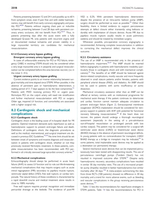 2518                                                                                                                  ESC/EACTS Guidelines


   Patients presenting between 12 and 24 h and possibly up to 60 h        VSD is 0.2%. With persistent haemodynamic deterioration
from symptom onset, even if pain free and with stable haemody-            despite the presence of an intra-aortic balloon pump (IABP),
namics, may still beneﬁt from early coronary angiography and poss-        surgery should be performed as soon as possible.92 Other than
ibly PCI.88,89 Patients without ongoing chest pain or inducible           feasibility, there is limited evidence to support percutaneous
ischaemia, presenting between 3 and 28 days with persistent cor-          attempts at defect closure either transiently using balloons or
onary artery occlusion, did not beneﬁt from PCI.90,91 Thus, in            durably with implantation of closure devices. Acute MR due to
patients presenting days after the acute event with a fully               papillary muscle rupture usually results in acute pulmonary
developed Q-wave MI, only patients with recurrent angina and/             oedema and should be treated by immediate surgery.
or documented residual ischaemia and proven viability in a                   Whenever possible, pre-operative coronary angiography is
large myocardial territory are candidates for mechanical                  recommended. Achieving complete revascularization in addition
revascularization.                                                        to correcting the mechanical defect improves the clinical
                                                                          outcome.
8.1.4 Coronary artery bypass grafting
   Emergent coronary artery bypass grafting                               8.2.3. Circulatory assistance
   In cases of unfavourable anatomy for PCI or PCI failure, emer-         The use of an IABP is recommended only in the presence of
gency CABG in evolving STEMI should only be considered when               haemodynamic impairment.96,97 The IABP should be inserted
a very large myocardial area is in jeopardy and surgical revascular-      before angiography in patients with haemodynamic instability (par-
ization can be completed before this area becomes necrotic (i.e. in       ticularly those in cardiogenic shock and with mechanical compli-
the initial 3–4 h).                                                       cations).92 The beneﬁts of an IABP should be balanced against
   Urgent coronary artery bypass grafting                                 device-related complications, mostly vascular and more frequently
   Current evidence points to an inverse relationship between sur-        observed in small stature patients and/or females, patients with
gical mortality and time elapsed since STEMI. When possible, in the       peripheral arterial disease (PAD), and diabetics. An IABP should
absence of persistent pain or haemodynamic deterioration, a               not be used in patients with aortic insufﬁciency or aortic
waiting period of 3– 7 days appears to be the best compromise.92          dissection.
Patients with MVD receiving primary PCI or urgent post-                      Mechanical circulatory assistance other than an IABP can be
ﬁbrinolysis PCI on the culprit artery will need risk stratiﬁcation        offered at tertiary centres with an institutional programme for
and further mechanical revascularization with PCI or surgery.             mechanical assist therapy if the patient continues to deteriorate
Older age, impaired LV function, and comorbidity are associated           and cardiac function cannot maintain adequate circulation to
with a higher surgical risk.                                              prevent end-organ failure (Figure 2). Extracorporeal membrane
                                                                          oxygenator (ECMO) implantation should be considered for tem-
8.2 Cardiogenic shock and mechanical                                      porary support in patients with AHF with potential for functional
complications                                                             recovery following revascularization.98 If the heart does not
8.2.1 Cardiogenic shock                                                   recover, the patient should undergo a thorough neurological
Cardiogenic shock is the leading cause of in-hospital death for MI        assessment (especially in the setting of a pre-admittance
patients. Optimal treatment demands early reperfusion as well as          out-of-hospital resuscitation or prolonged periods with low
haemodynamic support to prevent end-organ failure and death.              cardiac output). The patient may be considered for a surgical left
Deﬁnitions of cardiogenic shock, the diagnostic procedures as             ventricular assist device (LVAD) or biventricular assist device
well as the medical, interventional, and surgical treatment are dis-      (BiVAD) therapy in the absence of permanent neurological deﬁcits.
cussed in previous ESC Guidelines.93,94 No time limit should be set       In young patients with no contraindication for transplant, LVAD/
between onset of symptoms and invasive diagnosis and revascular-          BiVAD therapy as a bridge to transplant may be indicated.99 In
ization in patients with cardiogenic shock, whether or not they           some patients, total implantable assist devices may be applied as
previously received ﬁbrinolytic treatment. In these patients, com-        a destination (or permanent) therapy.
plete revascularization has been recommended, with PCI per-                  Several mechanical assist devices that can be implanted percu-
formed in all critically stenosed large epicardial coronary arteries.95   taneously have been tested with disappointing results. The use of
                                                                          percutaneous centrifugal pumps (Tandem Heart) has not
8.2.2 Mechanical complications                                            resulted in improved outcome after STEMI.97 Despite early
Echocardiography should always be performed in acute heart                haemodynamic recovery, secondary complications have resulted
failure (AHF) to assess LV function and to rule out life-threatening      in similar 30 day mortality rates. The use of a microaxial propel-
mechanical complications that may require surgery such as acute           ler pump (Impella) resulted in better haemodynamics but similar
mitral regurgitation (MR) secondary to papillary muscle rupture,          mortality after 30 days.100 A meta-analysis summarizing the data
ventricular septal defect (VSD), free wall rupture, or cardiac tam-       from three RCTs (100 patients) showed no difference in 30 day
ponade. The natural history of these conditions is characterized by       mortality and a trend for more adverse events, such as bleeding
a rapid downhill course and medical treatment alone results in            and vascular complications in the group receiving percutaneous
close to 100% mortality.                                                  assist devices.101
    Free wall rupture requires prompt recognition and immediate              Table 13 lists the recommendations for reperfusion strategies in
pericardial drainage at the bedside. The incidence of post-MI             STEMI patients, Table 14 lists the recommendations for PCI in
 