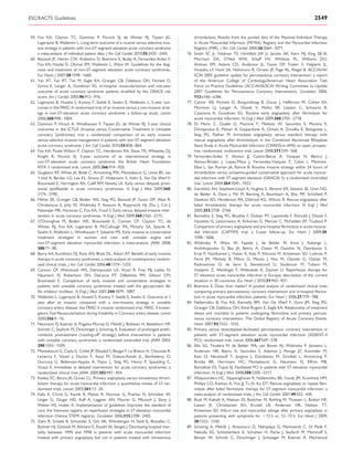 ESC/EACTS Guidelines                                                                                                                                                     2549


59. Fox KA, Clayton TC, Damman P, Pocock SJ, de Winter RJ, Tijssen JG,                           thrombolysis. Results from the pooled data of the Maximal Individual Therapy
    Lagerqvist B, Wallentin L. Long-term outcome of a routine versus selective inva-             in Acute Myocardial Infarction (MITRA) Registry and the Myocardial Infarction
    sive strategy in patients with non-ST-segment elevation acute coronary syndrome              Registry (MIR). J Am Coll Cardiol 2000;36:2064 –2071.
    a meta-analysis of individual patient data. J Am Coll Cardiol 2010;55:2435–2445.       76.   Smith SC Jr, Feldman TE, Hirshfeld JW Jr, Jacobs AK, Kern MJ, King SB III,
60. Bassand JP, Hamm CW, Ardissino D, Boersma E, Budaj A, Fernandez-Aviles F,                    Morrison DA, O’Neil WW, Schaff HV, Whitlow PL, Williams DO,
    Fox KA, Hasdai D, Ohman EM, Wallentin L, Wijns W. Guidelines for the diag-                   Antman EM, Adams CD, Anderson JL, Faxon DP, Fuster V, Halperin JL,
    nosis and treatment of non-ST-segment elevation acute coronary syndromes.                    Hiratzka LF, Hunt SA, Nishimura R, Ornato JP, Page RL, Riegel B. ACC/AHA/
    Eur Heart J 2007;28:1598 –1660.                                                              SCAI 2005 guideline update for percutaneous coronary intervention: a report
61. Yan AT, Yan RT, Tan M, Eagle KA, Granger CB, Dabbous OH, Fitchett D,                         of the American College of Cardiology/American Heart Association Task
    Grima E, Langer A, Goodman SG. In-hospital revascularization and one-year                    Force on Practice Guidelines (ACC/AHA/SCAI Writing Committee to Update
    outcome of acute coronary syndrome patients stratiﬁed by the GRACE risk                      2001 Guidelines for Percutaneous Coronary Intervention). Circulation 2006;
    score. Am J Cardiol 2005;96:913 –916.                                                        113:e166 –e286.
62. Lagerqvist B, Husted S, Kontny F, Stahle E, Swahn E, Wallentin L. 5-year out-          77.   Cantor WJ, Fitchett D, Borgundvaag B, Ducas J, Heffernan M, Cohen EA,
    comes in the FRISC-II randomised trial of an invasive versus a non-invasive strat-           Morrison LJ, Langer A, Dzavik V, Mehta SR, Lazzam C, Schwartz B,
    egy in non-ST-elevation acute coronary syndrome: a follow-up study. Lancet                   Casanova A, Goodman SG. Routine early angioplasty after ﬁbrinolysis for
    2006;368:998–1004.                                                                           acute myocardial infarction. N Engl J Med 2009;360:2705 –2718.
63. Damman P, Hirsch A, Windhausen F, Tijssen JG, de Winter RJ. 5-year clinical            78.   Di Mario C, Dudek D, Piscione F, Mielecki W, Savonitto S, Murena E,
    outcomes in the ICTUS (Invasive versus Conservative Treatment in Unstable                    Dimopoulos K, Manari A, Gaspardone A, Ochala A, Zmudka K, Bolognese L,
    coronary Syndromes) trial a randomized comparison of an early invasive                       Steg PG, Flather M. Immediate angioplasty versus standard therapy with
    versus selective invasive management in patients with non-ST-segment elevation               rescue angioplasty after thrombolysis in the Combined Abciximab REteplase
    acute coronary syndrome. J Am Coll Cardiol 2010;55:858 –864.                                 Stent Study in Acute Myocardial Infarction (CARESS-in-AMI): an open, prospec-
64. Fox KA, Poole-Wilson P, Clayton TC, Henderson RA, Shaw TR, Wheatley DJ,                      tive, randomised, multicentre trial. Lancet 2008;371:559 – 568.
    Knight R, Pocock SJ. 5-year outcome of an interventional strategy in                   79.   Fernandez-Aviles F, Alonso JJ, Castro-Beiras A, Vazquez N, Blanco J,
    non-ST-elevation acute coronary syndrome: the British Heart Foundation                       Alonso-Briales J, Lopez-Mesa J, Fernandez-Vazquez F, Calvo I, Martinez-
    RITA 3 randomised trial. Lancet 2005;366:914 –920.                                           Elbal L, San Roman JA, Ramos B. Routine invasive strategy within 24 hours of
65. Giugliano RP, White JA, Bode C, Armstrong PW, Montalescot G, Lewis BS, van                   thrombolysis versus ischaemia-guided conservative approach for acute myocar-
    ‘t Hof A, Berdan LG, Lee KL, Strony JT, Hildemann S, Veltri E, Van De Werf F,                dial infarction with ST-segment elevation (GRACIA-1): a randomised controlled
    Braunwald E, Harrington RA, Califf RM, Newby LK. Early versus delayed, provi-                trial. Lancet 2004;364:1045 – 1053.
    sional eptiﬁbatide in acute coronary syndromes. N Engl J Med 2009;360:                 80.   Gershlick AH, Stephens-Lloyd A, Hughes S, Abrams KR, Stevens SE, Uren NG,
    2176–2190.                                                                                   de Belder A, Davis J, Pitt M, Banning A, Baumbach A, Shiu MF, Schoﬁeld P,
66. Mehta SR, Granger CB, Boden WE, Steg PG, Bassand JP, Faxon DP, Afzal R,                      Dawkins KD, Henderson RA, Oldroyd KG, Wilcox R. Rescue angioplasty after
    Chrolavicius S, Jolly SS, Widimsky P, Avezum A, Rupprecht HJ, Zhu J, Col J,                  failed thrombolytic therapy for acute myocardial infarction. N Engl J Med
    Natarajan MK, Horsman C, Fox KA, Yusuf S. Early versus delayed invasive inter-               2005;353:2758 –2768.
    vention in acute coronary syndromes. N Engl J Med 2009;360:2165 – 2175.                81.   Bonnefoy E, Steg PG, Boutitie F, Dubien PY, Lapostolle F, Roncalli J, Dissait F,
67. O’Donoghue M, Boden WE, Braunwald E, Cannon CP, Clayton TC, de                               Vanzetto G, Leizorowicz A, Kirkorian G, Mercier C, McFadden EP, Touboul P.
    Winter RJ, Fox KA, Lagerqvist B, McCullough PA, Murphy SA, Spacek R,                         Comparison of primary angioplasty and pre-hospital ﬁbrinolysis in acute myocar-
    Swahn E, Wallentin L, Windhausen F, Sabatine MS. Early invasive vs conservative              dial infarction (CAPTIM) trial: a 5-year follow-up. Eur Heart J 2009;30:
    treatment strategies in women and men with unstable angina and                               1598 –1606.
    non-ST-segment elevation myocardial infarction: a meta-analysis. JAMA 2008;            82.   Widimsky P, Wijns W, Fajadet J, de Belder M, Knot J, Aaberge L,
    300:71–80.                                                                                   Andrikopoulos G, Baz JA, Betriu A, Claeys M, Danchin N, Djambazov S,
68. Bavry AA, Kumbhani DJ, Rassi AN, Bhatt DL, Askari AT. Beneﬁt of early invasive               Erne P, Hartikainen J, Huber K, Kala P, Klinceva M, Kristensen SD, Ludman P,
    therapy in acute coronary syndromes: a meta-analysis of contemporary random-                 Ferre JM, Merkely B, Milicic D, Morais J, Noc M, Opolski G, Ostojic M,
    ized clinical trials. J Am Coll Cardiol 2006;48:1319 –1325.                                  Radovanovic D, de Servi S, Stenestrand U, Studencan M, Tubaro M,
69. Cannon CP, Weintraub WS, Demopoulos LA, Vicari R, Frey MJ, Lakkis N,                         Vasiljevic Z, Weidinger F, Witkowski A, Zeymer U. Reperfusion therapy for
    Neumann FJ, Robertson DH, DeLucca PT, DiBattiste PM, Gibson CM,                              ST elevation acute myocardial infarction in Europe: description of the current
    Braunwald E. Comparison of early invasive and conservative strategies in                     situation in 30 countries. Eur Heart J 2010;31:943 – 957.
    patients with unstable coronary syndromes treated with the glycoprotein IIb/           83.   Boersma E. Does time matter? A pooled analysis of randomized clinical trials
    IIIa inhibitor tiroﬁban. N Engl J Med 2001;344:1879 –1887.                                   comparing primary percutaneous coronary intervention and in-hospital ﬁbrino-
70. Wallentin L, Lagerqvist B, Husted S, Kontny F, Stahle E, Swahn E. Outcome at 1               lysis in acute myocardial infarction patients. Eur Heart J 2006;27:779–788.
    year after an invasive compared with a non-invasive strategy in unstable               84.   Nallamothu B, Fox KA, Kennelly BM, Van De Werf F, Gore JM, Steg PG,
    coronary-artery disease: the FRISC II invasive randomised trial. FRISC II Investi-           Granger CB, Dabbous OH, Kline-Rogers E, Eagle KA. Relationship of treatment
    gators. Fast Revascularisation during Instability in Coronary artery disease. Lancet         delays and mortality in patients undergoing ﬁbrinolysis and primary percuta-
    2000;356:9 –16.                                                                              neous coronary intervention. The Global Registry of Acute Coronary Events.
71. Neumann FJ, Kastrati A, Pogatsa-Murray G, Mehilli J, Bollwein H, Bestehorn HP,               Heart 2007;93:1552 –1555.
    Schmitt C, Seyfarth M, Dirschinger J, Schomig A. Evaluation of prolonged antith-       85.   Primary versus tenecteplase-facilitated percutaneous coronary intervention in
    rombotic pretreatment (‘cooling-off’ strategy) before intervention in patients               patients with ST-segment elevation acute myocardial infarction (ASSENT-4
    with unstable coronary syndromes: a randomized controlled trial. JAMA 2003;                  PCI): randomised trial. Lancet 2006;367:569 – 578.
    290:1593 –1599.                                                                        86.   Ellis SG, Tendera M, de Belder MA, van Boven AJ, Widimsky P, Janssens L,
72. Montalescot G, Cayla G, Collet JP, Elhadad S, Beygui F, Le Breton H, Choussat R,             Andersen HR, Betriu A, Savonitto S, Adamus J, Peruga JZ, Kosmider M,
    Leclercq F, Silvain J, Duclos F, Aout M, Dubois-Rande JL, Barthelemy O,                      Katz O, Neunteuﬂ T, Jorgova J, Dorobantu M, Grinfeld L, Armstrong P,
    Ducrocq G, Bellemain-Appaix A, Payot L, Steg PG, Henry P, Spaulding C,                       Brodie BR, Herrmann HC, Montalescot G, Neumann FJ, Effron MB,
    Vicaut E. Immediate vs delayed intervention for acute coronary syndromes: a                  Barnathan ES, Topol EJ. Facilitated PCI in patients with ST-elevation myocardial
    randomized clinical trial. JAMA 2009;302:947 –954.                                           infarction. N Engl J Med 2008;358:2205 –2217.
73. Keeley EC, Boura JA, Grines CL. Primary angioplasty versus intravenous throm-          87.   Wijeysundera HC, Vijayaraghavan R, Nallamothu BK, Foody JM, Krumholz HM,
    bolytic therapy for acute myocardial infarction: a quantitative review of 23 ran-            Phillips CO, Kashani A, You JJ, Tu JV, Ko DT. Rescue angioplasty or repeat ﬁbri-
    domised trials. Lancet 2003;361:13 –20.                                                      nolysis after failed ﬁbrinolytic therapy for ST-segment myocardial infarction: a
74. Kalla K, Christ G, Karnik R, Malzer R, Norman G, Prachar H, Schreiber W,                     meta-analysis of randomized trials. J Am Coll Cardiol 2007;49:422 – 430.
    Unger G, Glogar HD, Kaff A, Laggner AN, Maurer G, Mlczoch J, Slany J,                  88.   Busk M, Kaltoft A, Nielsen SS, Bottcher M, Rehling M, Thuesen L, Botker HE,
    Weber HS, Huber K. Implementation of guidelines improves the standard of                     Lassen JF, Christiansen EH, Krusell LR, Andersen HR, Nielsen TT,
    care: the Viennese registry on reperfusion strategies in ST-elevation myocardial             Kristensen SD. Infarct size and myocardial salvage after primary angioplasty in
    infarction (Vienna STEMI registry). Circulation 2006;113:2398 –2405.                         patients presenting with symptoms for ,12 h vs. 12 –72 h. Eur Heart J 2009;
75. Zahn R, Schiele R, Schneider S, Gitt AK, Wienbergen H, Seidl K, Bossaller C,                 30:1322 – 1330.
    Buttner HJ, Gottwik M, Altmann E, Rosahl W, Senges J. Decreasing hospital mor-         89.   Schomig A, Mehilli J, Antoniucci D, Ndrepepa G, Markwardt C, Di Pede F,
    tality between 1994 and 1998 in patients with acute myocardial infarction                    Nekolla SG, Schlotterbeck K, Schuhlen H, Pache J, Seyfarth M, Martinoff S,
    treated with primary angioplasty but not in patients treated with intravenous                Benzer W, Schmitt C, Dirschinger J, Schwaiger M, Kastrati A. Mechanical
 