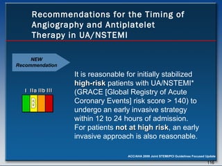 Recommendations for the Timing of Angiography and Antiplatelet Therapy in UA/NSTEMI It is reasonable for initially stabilized  high-risk  patients with UA/NSTEMI* (GRACE [Global Registry of Acute Coronary Events] risk score > 140) to undergo an early invasive strategy within 12 to 24 hours of admission. For patients  not at high risk , an early invasive approach is also reasonable.  I I I IIa IIa IIa IIb IIb IIb III III III I I I IIa IIa IIa IIb IIb IIb III III III I I I IIa IIa IIa IIb IIb IIb III III III IIa IIa IIa IIb IIb IIb III III III B NEW Recommendation 