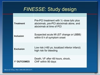 FINESSE : Study design Ellis et al. N Eng J Med. 2008;358:2205-2217.   Treatment Pre-PCI treatment with ½ -dose lytic plus abciximab, pre-PCI abciximab alone, and abciximab at time of PCI Inclusion Suspected acute MI (ST change or LBBB) within 6 h of symptom onset Exclusion Low risk (<60 yo, localized inferior infarct) high risk for bleeding 1 ° OUTCOMES  Death, VF after 48 hours, shock,  CHF within 90 days 