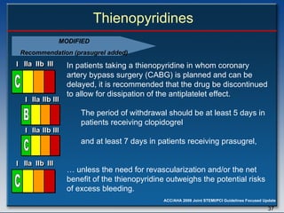 Thienopyridines In patients taking a thienopyridine in whom coronary artery bypass surgery (CABG) is planned and can be  delayed, it is recommended that the drug be discontinued to allow for dissipation of the antiplatelet effect. The period of withdrawal should be at least 5 days in patients receiving clopidogrel and at least 7 days in patients receiving prasugrel , …  unless the need for revascularization and/or the net benefit of the thienopyridine outweighs the potential risks of excess bleeding. I I I IIa IIa IIa IIb IIb IIb III III III I I I IIa IIa IIa IIb IIb IIb III III III I I I IIa IIa IIa IIb IIb IIb III III III IIa IIa IIa IIb IIb IIb III III III C MODIFIED Recommendation (prasugrel added) I I I IIa IIa IIa IIb IIb IIb III III III I I I IIa IIa IIa IIb IIb IIb III III III I I I IIa IIa IIa IIb IIb IIb III III III IIa IIa IIa IIb IIb IIb III III III C I I I IIa IIa IIa IIb IIb IIb III III III I I I IIa IIa IIa IIb IIb IIb III III III I I I IIa IIa IIa IIb IIb IIb III III III IIa IIa IIa IIb IIb IIb III III III C I I I IIa IIa IIa IIb IIb IIb III III III I I I IIa IIa IIa IIb IIb IIb III III III I I I IIa IIa IIa IIb IIb IIb III III III IIa IIa IIa IIb IIb IIb III III III B 