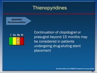 Thienopyridines Continuation of clopidogrel or prasugrel beyond 15 months may be considered in patients undergoing drug-eluting stent placement  MODIFIED Recommendation I I I IIa IIa IIa IIb IIb IIb III III III I I I IIa IIa IIa IIb IIb IIb III III III I I I IIa IIa IIa IIb IIb IIb III III III IIa IIa IIa IIb IIb IIb III III III C 