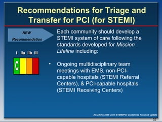 Recommendations for Triage and Transfer for PCI (for STEMI) Each community should develop a STEMI system of care following the standards developed for  Mission Lifeline  including:  Ongoing multidisciplinary team meetings with EMS, non-PCI-capable hospitals (STEMI Referral Centers), & PCI-capable hospitals (STEMI Receiving Centers)  I I I IIa IIa IIa IIb IIb IIb III III III I I I IIa IIa IIa IIb IIb IIb III III III I I I IIa IIa IIa IIb IIb IIb III III III IIa IIa IIa IIb IIb IIb III III III C NEW  Recommendation 