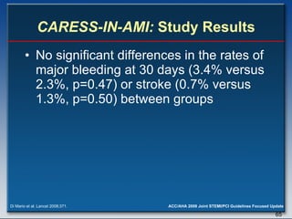 CARESS-IN-AMI:  Study Results No significant differences in the rates of major bleeding at 30 days (3.4% versus 2.3%, p=0.47) or stroke (0.7% versus 1.3%, p=0.50) between groups Di Mario et al. Lancet 2008;371. 