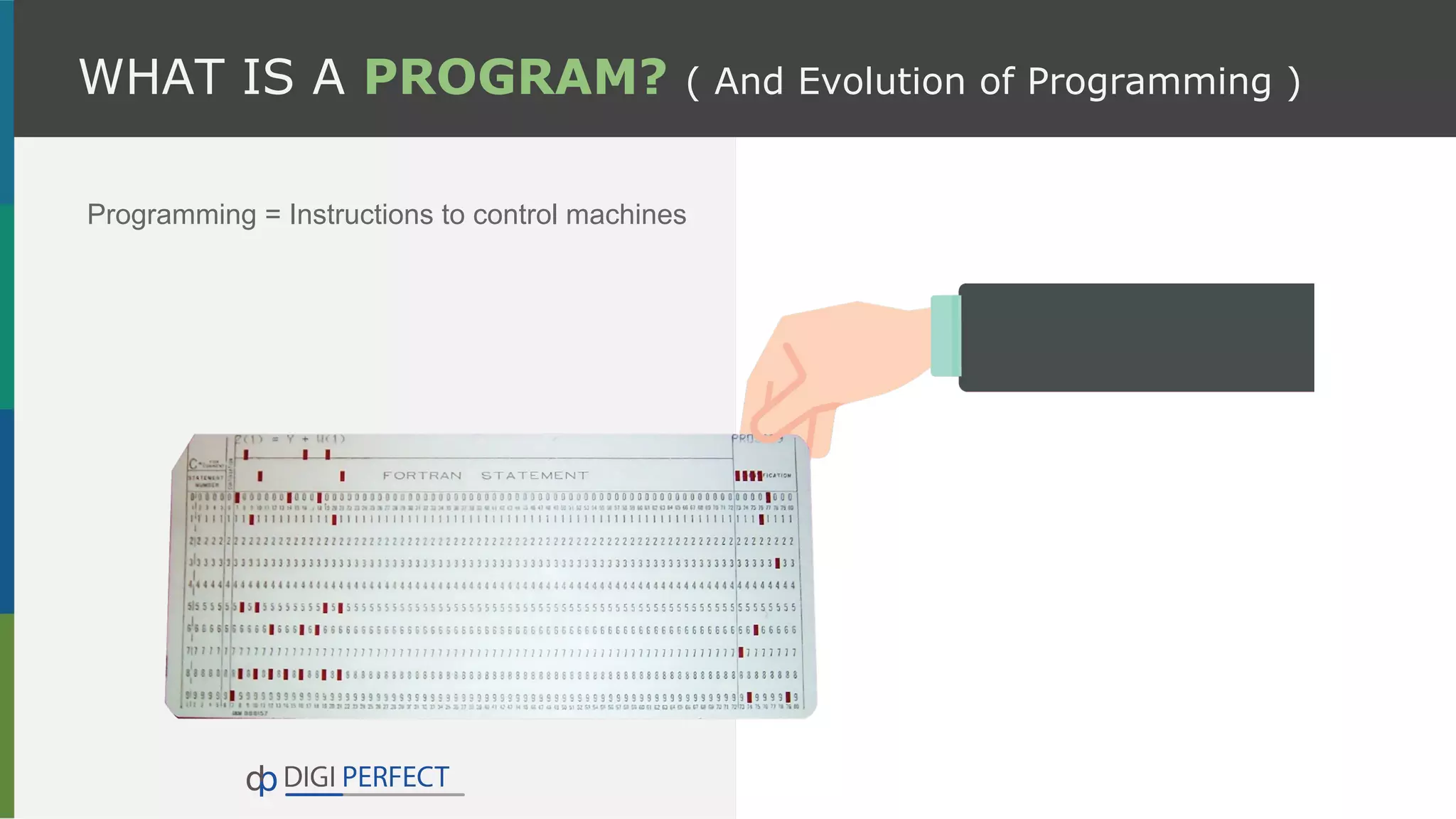 WHAT IS A PROGRAM? ( And Evolution of Programming )
Programming = Instructions to control machines
 