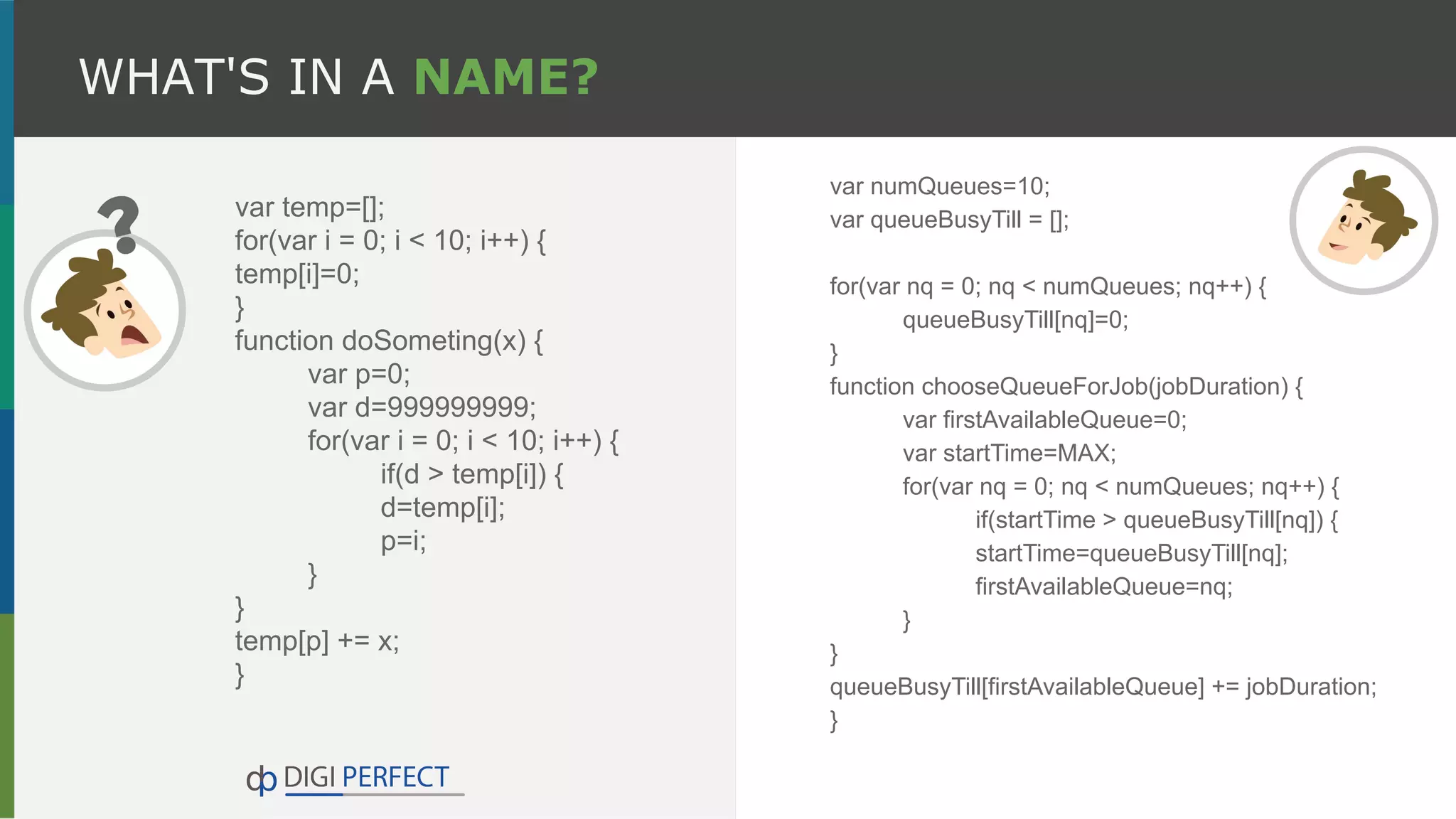 WHAT'S IN A NAME?
var temp=[];
for(var i = 0; i < 10; i++) {
temp[i]=0;
}
function doSometing(x) {
var p=0;
var d=999999999;
for(var i = 0; i < 10; i++) {
if(d > temp[i]) {
d=temp[i];
p=i;
}
}
temp[p] += x;
}
var numQueues=10;
var queueBusyTill = [];
for(var nq = 0; nq < numQueues; nq++) {
queueBusyTill[nq]=0;
}
function chooseQueueForJob(jobDuration) {
var firstAvailableQueue=0;
var startTime=MAX;
for(var nq = 0; nq < numQueues; nq++) {
if(startTime > queueBusyTill[nq]) {
startTime=queueBusyTill[nq];
firstAvailableQueue=nq;
}
}
queueBusyTill[firstAvailableQueue] += jobDuration;
}
 