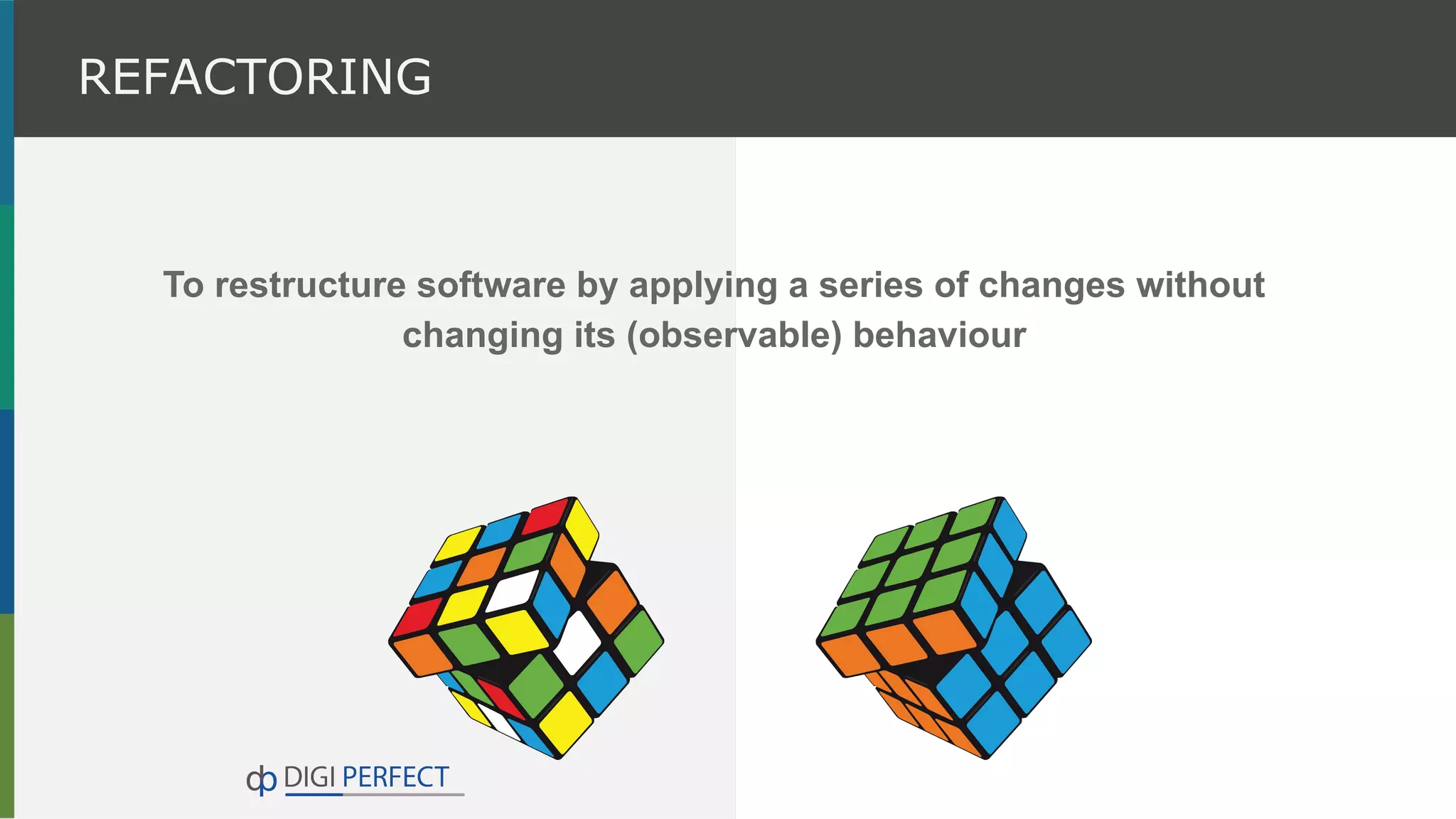 To restructure software by applying a series of changes without
changing its (observable) behaviour
REFACTORING
 