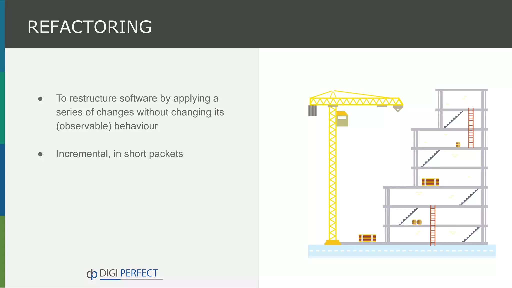 ● To restructure software by applying a
series of changes without changing its
(observable) behaviour
● Incremental, in short packets
REFACTORING
 