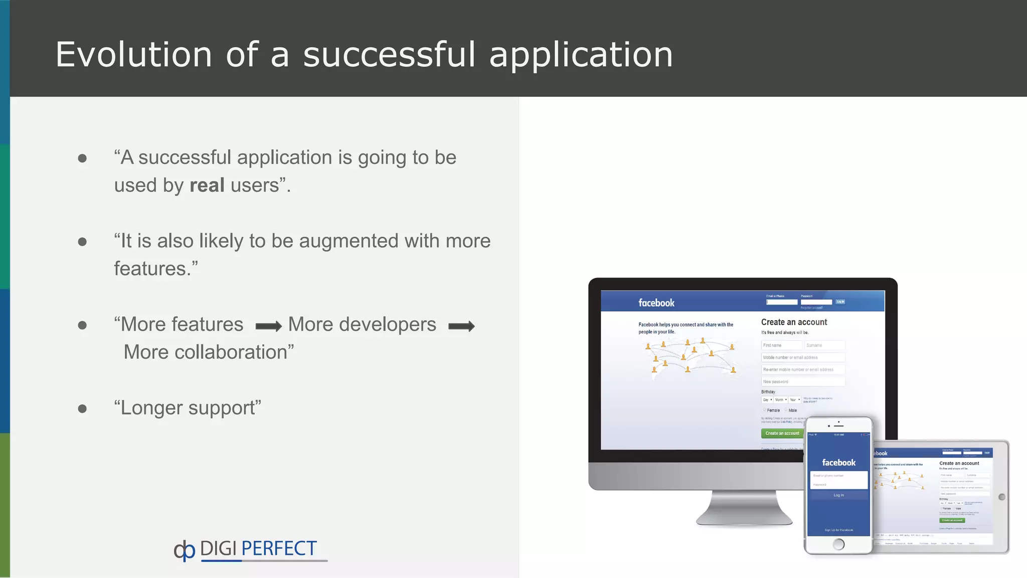 Evolution of a successful application
● “A successful application is going to be
used by real users”.
● “It is also likely to be augmented with more
features.”
● “More features More developers
More collaboration”
● “Longer support”
 