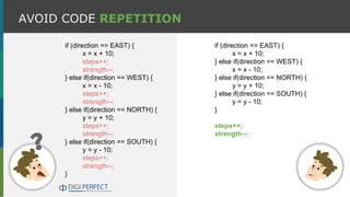 AVOID CODE REPETITION
if (direction == EAST) {
x = x + 10;
} else if(direction == WEST) {
x = x - 10;
} else if(direction == NORTH) {
y = y + 10;
} else if(direction == SOUTH) {
y = y - 10;
}
steps++;
strength--;
if (direction == EAST) {
x = x + 10;
steps++;
strength--;
} else if(direction == WEST) {
x = x - 10;
steps++;
strength--;
} else if(direction == NORTH) {
y = y + 10;
steps++;
strength--;
} else if(direction == SOUTH) {
y = y - 10;
steps++;
strength--;
}
 