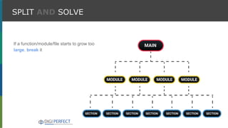 If a function/module/file starts to grow too
large, break it
SPLIT AND SOLVE
 