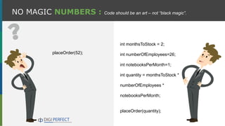 NO MAGIC NUMBERS : Code should be an art – not “black magic”.
int monthsToStock = 2;
int numberOfEmployees=26;
int notebooksPerMonth=1;
int quantity = monthsToStock *
numberOfEmployees *
notebooksPerMonth;
placeOrder(quantity);
placeOrder(52);
 