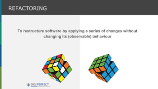 To restructure software by applying a series of changes without
changing its (observable) behaviour
REFACTORING
 
