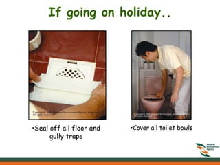 If going on holiday..




•Seal off all floor and   •Cover all toilet bowls
      gully traps
 