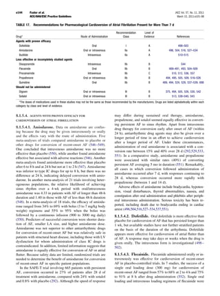 e144       Fuster et al.                                                                                                            JACC Vol. 57, No. 11, 2011
           ACC/AHA/ESC Practice Guidelines                                                                                            March 15, 2011:e101–98

TABLE 17.     Recommendations for Pharmacological Cardioversion of Atrial Fibrillation Present for More Than 7 d

                                                                                   Recommendation          Level of
Drug*                                                 Route of Administration           Class              Evidence                   References
Agents with proven efﬁcacy
  Dofetilide                                                    Oral                        I                 A                       498–503
  Amiodarone                                            Oral or intravenous               IIa                 A                496, 504, 516, 527–534
  Ibutilide                                                 Intravenous                   IIa                 A                       510–515
Less effective or incompletely studied agents
  Disopyramide                                              Intravenous                   IIb                 B                          544
  Flecainide                                                    Oral                      IIb                 B                489–491, 493, 504–509
  Procainamide                                              Intravenous                   IIb                 C                  510, 512, 536, 557
  Propafenone                                           Oral or intravenous               IIb                 B             494, 495, 505, 509, 516–526
  Quinidine                                                     Oral                      IIb                 B           489, 494, 524, 529, 537–539, 698
Should not be administered
  Digoxin                                               Oral or intravenous                III                B              375, 494, 505, 526, 530, 542
  Sotalol                                               Oral or intravenous                III                B                   513, 538–540, 543
   *The doses of medications used in these studies may not be the same as those recommended by the manufacturers. Drugs are listed alphabetically within each
category by class and level of evidence.


8.1.5.4.   AGENTS WITH PROVEN EFFICACY FOR                                        may differ during sustained oral therapy, amiodarone,
CARDIOVERSION OF ATRIAL FIBRILLATION                                              propafenone, and sotalol seemed equally effective in convert-
                                                                                  ing persistent AF to sinus rhythm. Apart from intravenous
8.1.5.4.1. Amiodarone. Data on amiodarone are confus-                             drug therapy for conversion early after onset of AF (within
ing because the drug may be given intravenously or orally                         24 h), antiarrhythmic drug agents may also be given over a
and the effects vary with the route of administration. Five                       longer period of time in an effort to achieve cardioversion
meta-analyses of trials compared amiodarone to placebo or
                                                                                  after a longer period of AF. Under these circumstances,
other drugs for conversion of recent-onset AF (546 –549).
                                                                                  administration of oral amiodarone is associated with a con-
One concluded that intravenous amiodarone was no more
                                                                                  version rate between 15% and 40% over 28 d (292,529,533,
effective than placebo (550), while another found amiodarone
                                                                                  551). In a comparative study, amiodarone and propafenone
effective but associated with adverse reactions (546). Another
                                                                                  were associated with similar rates (40%) of converting
meta-analysis found amiodarone more effective than placebo
                                                                                  persistent AF averaging 5 mo in duration (551). Remarkably,
after 6 to 8 h and at 24 h but not at 1 to 2 h (547). Amiodarone
                                                                                  all cases in which conversion followed administration of
was inferior to type IC drugs for up to 8 h, but there was no
                                                                                  amiodarone occurred after 7 d, with responses continuing to
difference at 24 h, indicating delayed conversion with amio-
                                                                                  28 d, whereas conversion occurred more rapidly with
darone. In another meta-analysis of 21 trials involving heter-
                                                                                  propafenone (between 1 and 14 d).
ogeneous populations, the relative likelihood of achieving
                                                                                     Adverse effects of amiodarone include bradycardia, hypoten-
sinus rhythm over a 4-wk period with oral/intravenous
                                                                                  sion, visual disturbances, thyroid abnormalities, nausea, and
amiodarone was 4.33 in patients with AF of longer than 48-h
duration and 1.40 in those with AF of less than 48-h duration                     constipation after oral administration and phlebitis after periph-
(548). In a meta-analysis of 18 trials, the efﬁcacy of amioda-                    eral intravenous administration. Serious toxicity has been re-
rone ranged from 34% to 69% with bolus (3 to 7 mg/kg body                         ported, including death due to bradycardia ending in cardiac
weight) regimens and 55% to 95% when the bolus was                                arrest (496,504,516,527–534,537,551).
followed by a continuous infusion (900 to 3000 mg daily)                          8.1.5.4.2. Dofetilide. Oral dofetilide is more effective than
(550). Predictors of successful conversion were shorter dura-                     placebo for cardioversion of AF that has persisted longer than
tion of AF, smaller LA size, and higher amiodarone dose.                          1 wk, but available studies have not further stratiﬁed patients
Amiodarone was not superior to other antiarrhythmic drugs                         on the basis of the duration of the arrhythmia. Dofetilide
for conversion of recent-onset AF but was relatively safe in                      appears more effective for cardioversion of atrial ﬂutter than
patients with structural heart disease, including those with LV                   of AF. A response may take days or weeks when the drug is
dysfunction for whom administration of class IC drugs is                          given orally. The intravenous form is investigational (498 –
contraindicated. In addition, limited information suggests that                   502).
amiodarone is equally effective for conversion of AF or atrial
ﬂutter. Because safety data are limited, randomized trials are                    8.1.5.4.3. Flecainide. Flecainide administered orally or in-
needed to determine the beneﬁt of amiodarone for conversion                       travenously was effective for cardioversion of recent-onset
of recent-onset AF in speciﬁc patient populations.                                AF in placebo-controlled trials. In 7 studies, the success of a
   In the SAFE-T trial involving 665 patients with persistent                     single oral loading dose (300 mg) for cardioversion of
AF, conversion occurred in 27% of patients after 28 d of                          recent-onset AF ranged from 57% to 68% at 2 to 4 h and 75%
treatment with amiodarone, compared with 24% with sotalol                         to 91% at 8 h after drug administration (552). Single oral
and 0.8% with placebo (292). Although the speed of response                       loading and intravenous loading regimens of ﬂecainide were
 