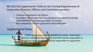 MC 2013-02 Supplemental Rules on the Training Requirements of
Cooperative Directors, Officers and Committee members
• Training is required for all officers
• Incumbent officers who has not undergone the required trainings
shall UNDERGO such trainings within 12 months
• Non compliance shall be a ground for disqualification
Supplemental Rules
• Inclusion in the cooperative election guidelines a policy requiring to
comply with the mandatory trainings the ELECOM shall be responsible to
ensure compliance while the BOARD will be responsible for appointive
officers
 