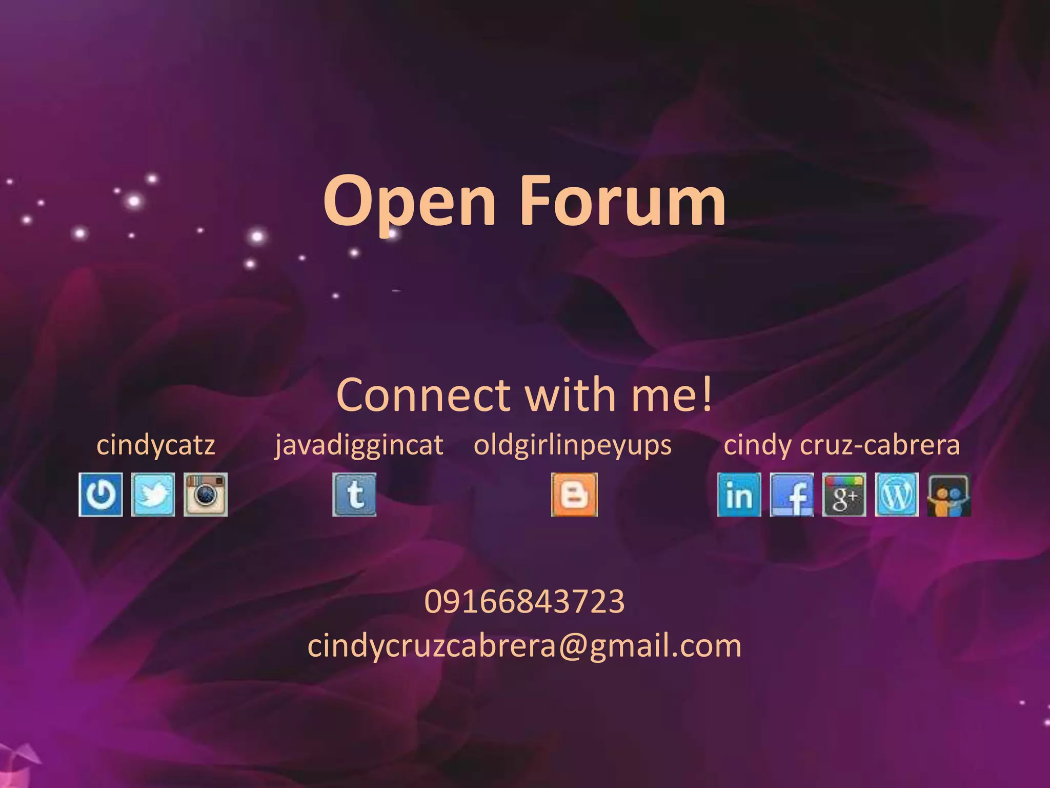 Open Forum
Connect with me!
cindycatz javadiggincat oldgirlinpeyups cindy cruz-cabrera
09166843723
cindycruzcabrera@gmail.com
 
