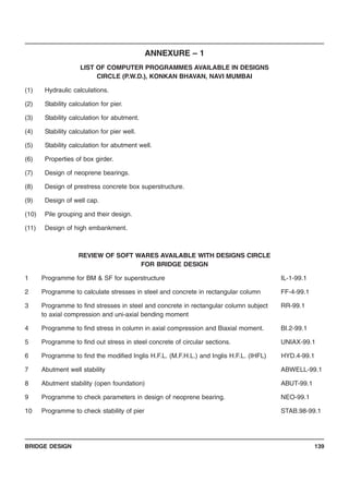BRIDGE DESIGN 139
ANNEXURE – 1
LIST OF COMPUTER PROGRAMMES AVAILABLE IN DESIGNS
CIRCLE (P.W.D.), KONKAN BHAVAN, NAVI MUMBAI
(1) Hydraulic calculations.
(2) Stability calculation for pier.
(3) Stability calculation for abutment.
(4) Stability calculation for pier well.
(5) Stability calculation for abutment well.
(6) Properties of box girder.
(7) Design of neoprene bearings.
(8) Design of prestress concrete box superstructure.
(9) Design of well cap.
(10) Pile grouping and their design.
(11) Design of high embankment.
REVIEW OF SOFT WARES AVAILABLE WITH DESIGNS CIRCLE
FOR BRIDGE DESIGN
1 Programme for BM & SF for superstructure IL-1-99.1
2 Programme to calculate stresses in steel and concrete in rectangular column FF-4-99.1
3 Programme to find stresses in steel and concrete in rectangular column subject RR-99.1
to axial compression and uni-axial bending moment
4 Programme to find stress in column in axial compression and Biaxial moment. BI.2-99.1
5 Programme to find out stress in steel concrete of circular sections. UNIAX-99.1
6 Programme to find the modified Inglis H.F.L. (M.F.H.L.) and Inglis H.F.L. (IHFL) HYD.4-99.1
7 Abutment well stability ABWELL-99.1
8 Abutment stability (open foundation) ABUT-99.1
9 Programme to check parameters in design of neoprene bearing. NEO-99.1
10 Programme to check stability of pier STAB.98-99.1
 