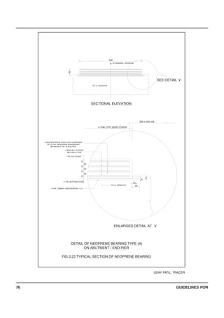 GUIDELINES FOR76
L OF BEARING / PEDESTAL
ENLARGED DETAIL AT 'x'
R.C.C. PEDESTAL
5 THK. BOTTOM COVER
4 NOS. M.S. PLATES0
488 x 238 x 3 THK.
3 NOS.NEOPERINE PADS.EACH COMPRISES
OF 10 THK. NEOPERINE SANDWICHED
BETWEEN 3 THK. M.S.PLATES
5 thk.TOP COVER
C
SEE DETAIL 'x'
SECTIONAL ELEVATION
500
R.C.C. PEDESTAL
52
6 THK.(TYP.)SIDE COVER
500 x 250 x52
20
10
4
3
10
3
10
3
10
3
6
4 THK. CEMENT SAND MORTAR 1:1.5
FIG.3.22 TYPICAL SECTION OF NEOPRENE BEARING
DETAIL OF NEOPRENE BEARING TYPE (A)
ON ABUTMENT / END PIER
UDAY PATIL, TRACER
 