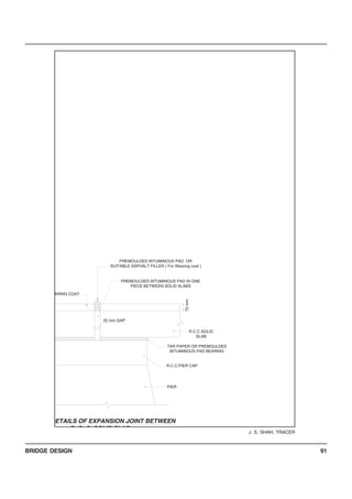 BRIDGE DESIGN 91
J. S. SHAH, TRACER
PREMOULDED BITUMINOUS PAD IN ONE
PIECE BETWEEN SOLID SLABS
25 mm GAP
ARING COAT
PIER
TAR PAPER OR PREMOULDES
BITUMINOUS PAD BEARING
R.C.C.PIER CAP
R.C.C.SOLID
SLAB
75mm
PREMOULDED BITUMINOUS PAD OR
SUITABLE ASPHALT FILLER ( For Wearing coat )
DETAILS OF EXPANSION JOINT BETWEEN
R C C SOLID SLAB
 