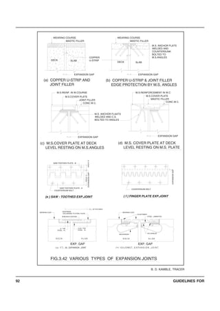 GUIDELINES FOR92
B. D. KAMBLE, TRACER
CONC.W.C.
CONC.W.C.
S L A BD E C KS L A BD E C K
( g ) F T - 50 EXPANSION JOINT
EXP. GAP
( h ) E X J O M E T E X P A N S I O N J O I N T
EXP. GAP
WEARING COAT
12 THK.
STEEL PL.
5 mm THK.
STEEL PL.
NEOPRENE
VALCANISED TO STEEL PLATE
NON-SKID COATING
M.S.ANGLES
ANCHORAGE
STEEL LAMINATES
ELASTOMER
WEARING COAT
EXPANSIONGAP
EXPANSIONGAP
ANGLE-A
SAW TOOTHED PLATE - A
COUNTERSUNK BOLT
(e ) SAW - TOOTHED EXP.JOINT
C.L. OF FIXTURES
COUNTERSUNK BOLT
( f ) FINGER PLATE EXP.JOINT
SAW TOOTHED PLATE - B
ANGLE-B
EXPANSION GAP
(c) M.S.COVER PLATE AT DECK
LEVEL RESTING ON M.S.ANGLES
EXPANSION GAP
(d) M.S. COVER PLATE AT DECK
LEVEL RESTING ON M.S. PLATE
M.S. ANCHOR FLAATS
WELDED AND C.S.
BOLTED TO ANGLES
M.S. ANCHOR FLATS
WELDED AND
COUNTERSUNK
BOLTED TO
M.S.ANGLES
EXPANSION GAPEXPANSION GAP
(b) COPPER U-STRIP & JOINT FILLER
EDGE PROTECTION BY M.S. ANGLES
JOINT FILLER
M.S.COVER PLATE
M.S.REINF. IN W.COURSE
(a) COPPER U-STRIP AND
JOINT FILLER
M.S.COVER PLATE
M.S.REINFORCEMENT IN W.C.
MASTIC FILLER
SLAB
COPPER
U-STRIPDECK
SLABDECK
MASTIC FILLER
WEARING COURSE
MASTIC FILLER
WEARING COURSE
FIG.3.42 VARIOUS TYPES OF EXPANSION JOINTS
 