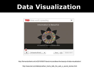 Data Visualization




http://fernandoribeiro.eti.br/2010/09/07/david-mccandless-the-beauty-of-data-visualization/


     http://www.ted.com/talks/jonathan_harris_tells_the_web_s_secret_stories.html
 