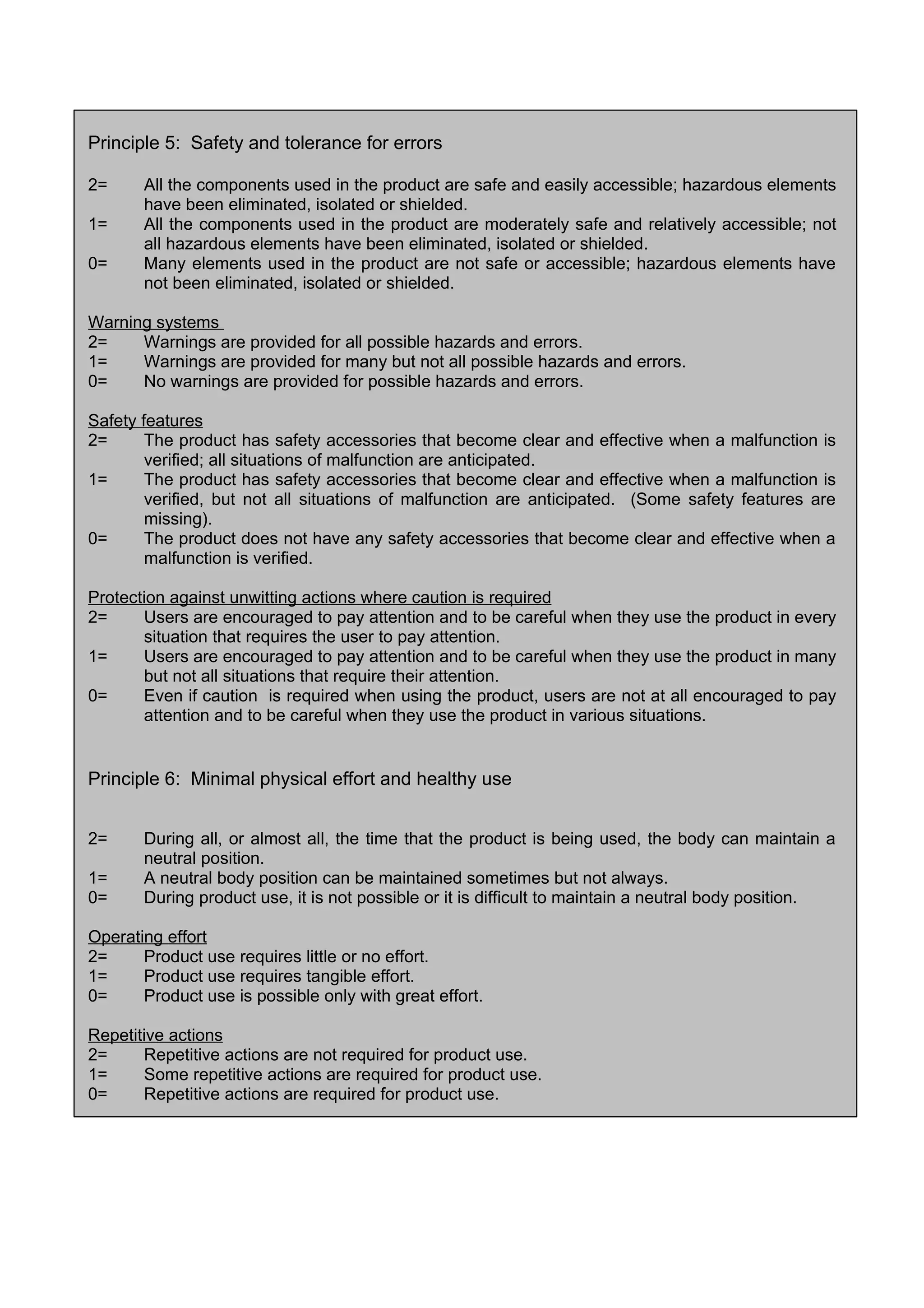 Principle 5: Safety and tolerance for errors
2= All the components used in the product are safe and easily accessible; hazardous elements
have been eliminated, isolated or shielded.
1= All the components used in the product are moderately safe and relatively accessible; not
all hazardous elements have been eliminated, isolated or shielded.
0= Many elements used in the product are not safe or accessible; hazardous elements have
not been eliminated, isolated or shielded.
Warning systems
2= Warnings are provided for all possible hazards and errors.
1= Warnings are provided for many but not all possible hazards and errors.
0= No warnings are provided for possible hazards and errors.
Safety features
2= The product has safety accessories that become clear and effective when a malfunction is
verified; all situations of malfunction are anticipated.
1= The product has safety accessories that become clear and effective when a malfunction is
verified, but not all situations of malfunction are anticipated. (Some safety features are
missing).
0= The product does not have any safety accessories that become clear and effective when a
malfunction is verified.
Protection against unwitting actions where caution is required
2= Users are encouraged to pay attention and to be careful when they use the product in every
situation that requires the user to pay attention.
1= Users are encouraged to pay attention and to be careful when they use the product in many
but not all situations that require their attention.
0= Even if caution is required when using the product, users are not at all encouraged to pay
attention and to be careful when they use the product in various situations.
Principle 6: Minimal physical effort and healthy use
2= During all, or almost all, the time that the product is being used, the body can maintain a
neutral position.
1= A neutral body position can be maintained sometimes but not always.
0= During product use, it is not possible or it is difficult to maintain a neutral body position.
Operating effort
2= Product use requires little or no effort.
1= Product use requires tangible effort.
0= Product use is possible only with great effort.
Repetitive actions
2= Repetitive actions are not required for product use.
1= Some repetitive actions are required for product use.
0= Repetitive actions are required for product use.
 