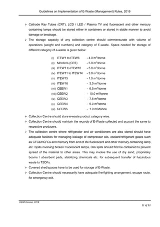 Guidelines on Implementation of E-Waste (Management) Rules, 2016
HWM Division, CPCB
Page 11 of 33
 Cathode Ray Tubes (CRT), LCD / LED / Plasma TV and fluorescent and other mercury
containing lamps should be stored either in containers or stored in stable manner to avoid
damage or breakage.
 The storage capacity of any collection centre should commensurate with volume of
operations (weight and numbers) and category of E-waste. Space needed for storage of
different category of e-waste is given below:
(i) ITEW1 to ITEW6 - 4.0 m3
/tonne
(ii) Monitors (CRT) - 5.0 m3
/tonne
(iii) ITEW7 to ITEW10 - 5.0 m3
/tonne
(iv) ITEW11 to ITEW14 - 3.0 m3
/tonne
(v) ITEW15 - 1.0 m3
/tonne
(vi) ITEW16 - 3.0 m3
/tonne
(vii) CEEW1 - 6.5 m3
/tonne
(viii) CEEW2 - 10.0 m3
/tonne
(ix) CEEW3 - 7.5 m3
/tonne
(x) CEEW4 - 6.0 m3
/tonne
(xi) CEEW5 - 1.0 m3/tonne
 Collection Centre should store e-waste product category wise.
 Collection Centre should maintain the records of E-Waste collected and account the same to
respective producers.
 The collection centre where refrigerator and air conditioners are also stored should have
adequate facilities for managing leakage of compressor oils, coolant/refrigerant gases such
as CFCs/HCFCs and mercury from end of life fluorescent and other mercury containing lamp
etc. Spills involving broken Fluorescent lamps, Oils spills should first be contained to prevent
spread of the material to other areas. This may involve the use of dry sand, proprietary
booms / absorbent pads, stabilizing chemicals etc. for subsequent transfer of hazardous
waste to TSDFs.
 Covered shed/spaces have to be used for storage of E-Waste.
 Collection Centre should necessarily have adequate fire-fighting arrangement, escape route,
for emergency exit.
 