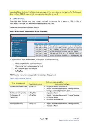 Page 9 of 24 June 6, 2014
Always visit eLORA for recent guidelines
Important Note: Radiation Professional can subsequently be nominated for the approval of Radiological
Safety Officer (RSO). Process of RSO nomination explained in Sr. No.: C
B. Add Instrument
Diagnostic X-ray facility must have certain types of instruments (list is given in Table 1: List of
Instruments Required) and the same must be declared in eLORA.
To declare instruments, follow the path as:
Menu  Instrument Management  Add Instrument
In drop down for Type of Instrument, four options available as follows:
 Measuring Tool (not applicable for you)
 Monitoring Tool (not applicable for you)
 QA Tool (not applicable for you)
 Safety Tool
Add following Instruments as applicable to each type of equipment:
Table 1: List of Instruments Required
Type of Equipment
Instruments to be added
Type of Instrument Instrument Sub Type
Interventional Radiology Safety Tool  Protective Apron (minimum 3)
 Mobile Protective Barrier with Viewing Window
 Ceiling suspended protective glass
Computed Tomography Safety Tool  Protective Apron
Radiography &
Fluoroscopy
Safety Tool  Mobile Protective Barrier with Viewing Window
 Protective Apron
 Protective Rubber Flaps
Radiography(fixed) Safety Tool  Mobile Protective Barrier with Viewing Window
 Protective Apron
 