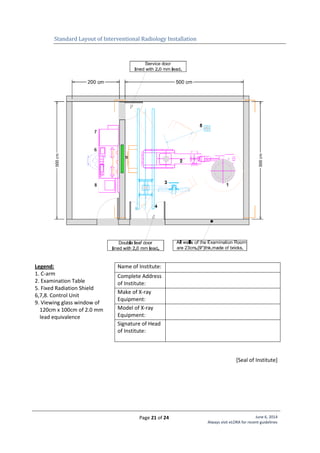 Page 21 of 24 June 6, 2014
Always visit eLORA for recent guidelines
Standard Layout of Interventional Radiology Installation
Legend:
1. C-arm
2. Examination Table
5. Fixed Radiation Shield
6,7,8. Control Unit
9. Viewing glass window of
120cm x 100cm of 2.0 mm
lead equivalence
Name of Institute:
Complete Address
of Institute:
Make of X-ray
Equipment:
Model of X-ray
Equipment:
Signature of Head
of Institute:
[Seal of Institute]
 