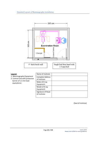 Page 22 of 24 June 6, 2014
Always visit eLORA for recent guidelines
Standard Layout of Mammography Installation
Legand:
1. Mammography Equipment
2. Control Unit with protective
barrier of 1.5 mm lead
equivalence
Name of Institute:
Complete Address
of Institute:
Make of X-ray
Equipment:
Model of X-ray
Equipment:
Signature of Head
of Institute:
[Seal of Institute]
 