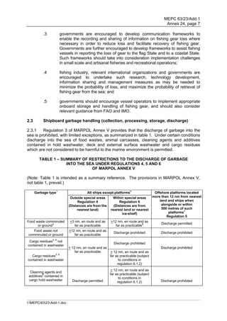 MEPC 63/23/Add.1
                                                                                            Annex 24, page 7

           .3         governments are encouraged to develop communication frameworks to
                      enable the recording and sharing of information on fishing gear loss where
                      necessary in order to reduce loss and facilitate recovery of fishing gear.
                      Governments are further encouraged to develop frameworks to assist fishing
                      vessels in reporting the loss of gear to the flag State and to a coastal State.
                      Such frameworks should take into consideration implementation challenges
                      in small scale and artisanal fisheries and recreational operations;

           .4         fishing industry, relevant international organizations and governments are
                      encouraged to undertake such research, technology development,
                      information sharing and management measures as may be needed to
                      minimize the probability of loss, and maximize the probability of retrieval of
                      fishing gear from the sea; and

           .5         governments should encourage vessel operators to implement appropriate
                      onboard storage and handling of fishing gear, and should also consider
                      relevant guidance from FAO and IMO.

2.3        Shipboard garbage handling (collection, processing, storage, discharge)

2.3.1    Regulation 3 of MARPOL Annex V provides that the discharge of garbage into the
sea is prohibited, with limited exceptions, as summarized in table 1. Under certain conditions
discharge into the sea of food wastes, animal carcasses, cleaning agents and additives
contained in hold washwater, deck and external surface washwater and cargo residues
which are not considered to be harmful to the marine environment is permitted.

        TABLE 1 – SUMMARY OF RESTRICTIONS TO THE DISCHARGE OF GARBAGE
                    INTO THE SEA UNDER REGULATIONS 4, 5 AND 6
                               OF MARPOL ANNEX V

(Note: Table 1 is intended as a summary reference. The provisions in MARPOL Annex V,
not table 1, prevail.)

      Garbage type1                   All ships except platforms4                    Offshore platforms located
                            Outside special areas      Within special areas         more than 12 nm from nearest
                                 Regulation 4              Regulation 6                 land and ships when
                           (Distances are from the     (Distances are from               alongside or within
                                nearest land)         nearest land or nearest            500 metres of such
                                                            ice-shelf)                       platforms4
                                                                                            Regulation 5
Food waste comminuted      >3 nm, en route and as     >12 nm, en route and as
                                                                                         Discharge permitted
      or ground2              far as practicable         far as practicable3
   Food waste not          >12 nm, en route and as
                                                        Discharge prohibited             Discharge prohibited
comminuted or ground          far as practicable
 Cargo residues5, 6 not
                                                        Discharge prohibited
contained in washwater
                           > 12 nm, en route and as                                      Discharge prohibited
                               far as practicable     > 12 nm, en route and as
  Cargo residues5, 6                                  far as practicable (subject
contained in washwater                                      to conditions in
                                                           regulation 6.1.2)
                                                      > 12 nm, en route and as
  Cleaning agents and
                                                      far as practicable (subject
 additives6 contained in
                                                            to conditions in
 cargo hold washwater        Discharge permitted                                         Discharge prohibited
                                                           regulation 6.1.2)




I:MEPC6323-Add-1.doc
 