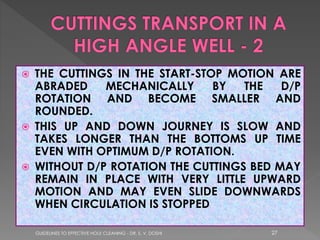 





THE CUTTINGS IN THE START-STOP MOTION ARE
ABRADED
MECHANICALLY
BY
THE
D/P
ROTATION AND BECOME SMALLER AND
ROUNDED.
THIS UP AND DOWN JOURNEY IS SLOW AND
TAKES LONGER THAN THE BOTTOMS UP TIME
EVEN WITH OPTIMUM D/P ROTATION.
WITHOUT D/P ROTATION THE CUTTINGS BED MAY
REMAIN IN PLACE WITH VERY LITTLE UPWARD
MOTION AND MAY EVEN SLIDE DOWNWARDS
WHEN CIRCULATION IS STOPPED
GUIDELINES TO EFFECTIVE HOLE CLEANING - DR. S. V. DOSHI

27

 