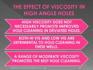 HIGH VISCOSITY DOES NOT
NECESSARILY PROMOTE IMPROVED
HOLE CLEANING IN DEVIATED HOLES.
BOTH HI VIS AND LOW VIS ARE
DETRIMENTAL TO HOLE CLEANING IN
THESE WELLS.
A RANGE OF MODERATE VISCOSITY
PROMOTES THE BEST HOLE CLEANING.
GUIDELINES TO EFFECTIVE HOLE CLEANING - DR. S. V. DOSHI

33

 
