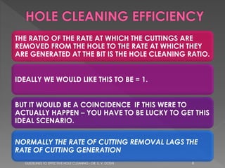 THE RATIO OF THE RATE AT WHICH THE CUTTINGS ARE
REMOVED FROM THE HOLE TO THE RATE AT WHICH THEY
ARE GENERATED AT THE BIT IS THE HOLE CLEANING RATIO.
IDEALLY WE WOULD LIKE THIS TO BE = 1.
BUT IT WOULD BE A COINCIDENCE IF THIS WERE TO
ACTUALLY HAPPEN – YOU HAVE TO BE LUCKY TO GET THIS
IDEAL SCENARIO.
NORMALLY THE RATE OF CUTTING REMOVAL LAGS THE
RATE OF CUTTING GENERATION
GUIDELINES TO EFFECTIVE HOLE CLEANING - DR. S. V. DOSHI

6

 