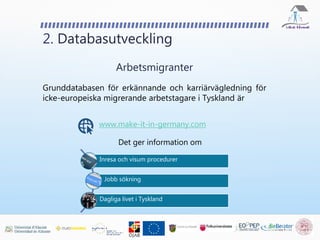 Grunddatabasen för erkännande och karriärvägledning för
icke-europeiska migrerande arbetstagare i Tyskland är
2. Databasutveckling
Arbetsmigranter
www.make-it-in-germany.com
Det ger information om
Inresa och visum procedurer
Jobb sökning
Dagliga livet i Tyskland
 