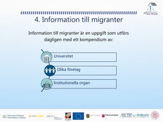 4. Information till migranter
Information till migranter är en uppgift som utförs
dagligen med ett kompendium av:
Universitet
Olika företag
Institutionella organ
 