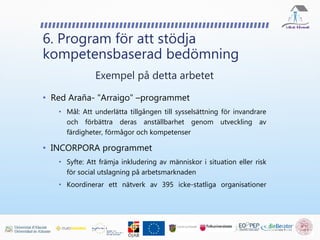 6. Program för att stödja
kompetensbaserad bedömning
Exempel på detta arbetet
• Red Araña- "Arraigo" –programmet
• Mål: Att underlätta tillgången till sysselsättning för invandrare
och förbättra deras anställbarhet genom utveckling av
färdigheter, förmågor och kompetenser
• INCORPORA programmet
• Syfte: Att främja inkludering av människor i situation eller risk
för social utslagning på arbetsmarknaden
• Koordinerar ett nätverk av 395 icke-statliga organisationer
 
