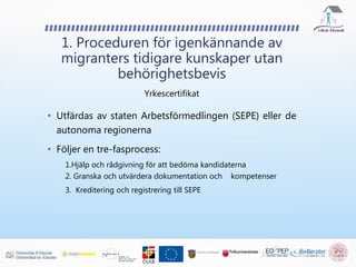 • Utfärdas av staten Arbetsförmedlingen (SEPE) eller de
autonoma regionerna
• Följer en tre-fasprocess:
1.Hjälp och rådgivning för att bedöma kandidaterna
2. Granska och utvärdera dokumentation och kompetenser
3. Kreditering och registrering till SEPE
1. Proceduren för igenkännande av
migranters tidigare kunskaper utan
behörighetsbevis
Yrkescertifikat
 