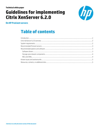 Technical white paper
Guidelines for implementing
Citrix XenServer 6.2.0
On HP ProLiant servers
Table of contents
Introduction............................................................................................................................................................................2
Citrix XenServer 6.2.0 overview ..........................................................................................................................................2
System requirements...........................................................................................................................................................2
Recommended ProLiant servers.........................................................................................................................................3
Recommended options and software................................................................................................................................3
Software drivers................................................................................................................................................................3
Storage area network components................................................................................................................................4
NICs and CNAs....................................................................................................................................................................4
Known issues and workarounds .........................................................................................................................................5
Resources, contacts, or additional links.............................................................................................................................5
Click here to verify the latest version of this document
 