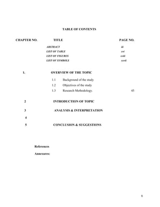 TABLE OF CONTENTS
CHAPTER NO. TITLE PAGE NO.
ABSTRACT iii
LIST OF TABLE xvi
LIST OF FIGURES xviii
LIST OF SYMBOLS xxvii
1. OVERVIEW OF THE TOPIC
1.1 Background of the study
1.2 Objectives of the study
1.3 Research Methodology. 45
2 INTRODUCTION OF TOPIC
3 ANALYSIS & INTERPRETATION
4
5 CONCLUSION & SUGGESTIONS
References
Annexures:
8
 
