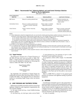 ｗｗｗ．ｂｚｆｘｗ．ｃｏｍ
ASME PCC-1–2010
Table 3 Recommended Tool, Tightening Method, and Load-Control Technique Selection
Based on Service Applications
(See para. 10.1)
Service Applications
[Note (1)] Tools [Note (2)] Tightening Method Load-Control Technique
Mild Service Manual or auxiliary powered tools Pattern single or multibolt Consistent procedures per
tightening procedures industry best practices or
torque control
Intermediate Service Manual or auxiliary powered tools Pattern single or multibolt [Note (3)]
or torque or tension measuring tightening procedures
tools
Critical Service Torque or tension measuring Pattern single or multibolt Torque or tension control with
tools tightening procedures final bolt elongation/load
verification optional [Note (4)]
NOTES:
(1) Service Applications should be designated by the user and should consider governing design conditions (pressure, temperature, etc.),
mechanical criteria (bolt diameter, flange diameter, gasket type, etc.), joint leakage history, and fluid service category.
(a) An example of Mild Service could include Category D Fluid Service as defined in ASME B31.3.
(b) An example of Intermediate Service could include Normal Fluid Service as defined in ASME B31.3.
(c) Examples of Critical Service could include service requirements as defined by local jurisdictional requirements [example for
United States is CFR 1910.119 (OSHA PSM rule)], lethal substance service as defined in the ASME Section VIII, Division 1 Code, or
Category M Fluid Service as defined in ASME B31.3.
(2) All tools are to be regularly and properly maintained and calibrated.
(3) It is recognized that many joints are regularly tightened using impact wrenches or manual tools with no precise load control. Experi-
ence may prove this is sufficient for certain applications but unmeasured tightening is not recommended for intermediate service appli-
cations without careful consideration of the risks.
(4) Where past practice with specific or similar equipment warrant or where testing/research validates; elongation and load verification
may be waived.
12.1 Target Prestress
The Reference Torques for a Target Prestress of
345 MPa (50 ksi) (root area) are given in Table 1M/
Table 1. Target Torques for different Target Prestress
levels may be obtained by reducing (or increasing) the
values in Table 1M/Table 1 by the ratio
Target Prestress (MPa)
345 (MPa)
or
Target Prestress (ksi)
50 (ksi)
See Appendix J for calculation of Target Torque for
coefficients of friction other than those listed in Note (1)
of Table 1M/Table 1. See Appendix K for an alternative
method of calculating Target Torque when nut factors
are used.
13 JOINT PRESSURE AND TIGHTNESS TESTING
Bolted joint assemblies should be tested to ensure leak
tightness. Subject to code/regulatory requirements, the
user should establish
(a) the type of leak test (e.g., visual, bubble-forming
solution, sniffer)
(b) test fluid (e.g., air, inert gas, water, service fluid)
11
(c) test pressure (e.g., low pressure or up to a code-
mandated visual inspection pressure)
(d) acceptance criteria (often simply “no detectable
leaks”).
The user is also cautioned to consider that the practice
of using “temporary” gaskets for pressure or tightness
testing of systems that include bolted flange joint assem-
blies has resulted in numerous incidents of injury and
near injury to assembly personnel due to “blow out”
failure of these alternative gasket materials/types. The
use of substitute gaskets during testing instead of those
designed as the final seal for the joint is not recom-
mended.
Refer to ASME PCC-2, Article 5.1 for general good
practices for pressure and tightness testing of pressure
equipment.
14 RECORDS
Consideration should be given to the preparation of
a joint assembly record for each assembled joint, particu-
larly those that are deemed to be in critical service. This
record, which could be a logbook entry, would serve as
a helpful resource for troubleshooting purposes, future
assemblies, etc. The record could include but not neces-
sarily be limited to the following information:
(a) date of assembly
--``,``,``,```,`,``,,,`,,,````,,-`-`,,`,,`,`,,`---
 