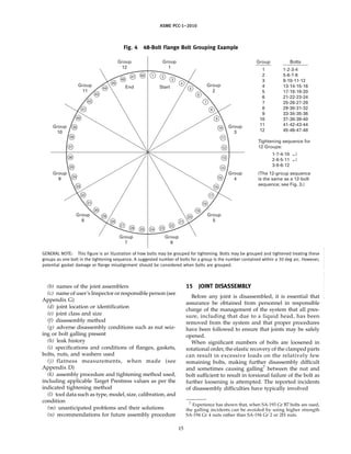 ｗｗｗ．ｂｚｆｘｗ．ｃｏｍ
ASME PCC-1–2010
Fig. 4 48-Bolt Flange Bolt Grouping Example
48
47
46
45
44
43
42
41
40
39
38
37
36
35
34
33
32
31
30
29
28
27
26 25 24 23
22
21
20
19
18
17
16
15
14
13
12
11
10
9
8
7
6
5
4
3
2
1
Group
1
Start
End
Group
12
Group
2
Group
11
Group
3
Group
4
Group
10
Group
9
Group
5
Group
8
Group
6
Group
7
1
2
3
4
5
6
7
8
9
10
11
12
1-2-3-4
5-6-7-8
9-10-11-12
13-14-15-16
17-18-19-20
21-22-23-24
25-26-27-28
29-30-31-32
33-34-35-36
37-38-39-40
41-42-43-44
45-46-47-48
Tightening sequence for
12 Groups:
(The 12-group sequence
is the same as a 12-bolt
sequence; see Fig. 3.)
1-7-4-10
2-8-5-11
3-9-6-12
Group Bolts
GENERAL NOTE: This figure is an illustration of how bolts may be grouped for tightening. Bolts may be grouped and tightened treating these
groups as one bolt in the tightening sequence. A suggested number of bolts for a group is the number contained within a 30 deg arc. However,
potential gasket damage or flange misalignment should be considered when bolts are grouped.
(b) names of the joint assemblers
(c) name of user’s Inspector or responsible person (see
Appendix G)
(d) joint location or identification
(e) joint class and size
(f) disassembly method
(g) adverse disassembly conditions such as nut seiz-
ing or bolt galling present
(h) leak history
(i) specifications and conditions of flanges, gaskets,
bolts, nuts, and washers used
(j) flatness measurements, when made (see
Appendix D)
(k) assembly procedure and tightening method used,
including applicable Target Prestress values as per the
indicated tightening method
(l) tool data such as type, model, size, calibration, and
condition
(m) unanticipated problems and their solutions
(n) recommendations for future assembly procedure
15
15 JOINT DISASSEMBLY
Before any joint is disassembled, it is essential that
assurance be obtained from personnel in responsible
charge of the management of the system that all pres-
sure, including that due to a liquid head, has been
removed from the system and that proper procedures
have been followed to ensure that joints may be safely
opened.
When significant numbers of bolts are loosened in
rotational order, the elastic recovery of the clamped parts
can result in excessive loads on the relatively few
remaining bolts, making further disassembly difficult
and sometimes causing galling7
between the nut and
bolt sufficient to result in torsional failure of the bolt as
further loosening is attempted. The reported incidents
of disassembly difficulties have typically involved
7
Experience has shown that, when SA-193 Gr B7 bolts are used,
the galling incidents can be avoided by using higher strength
SA-194 Gr 4 nuts rather than SA-194 Gr 2 or 2H nuts.
--``,``,``,```,`,``,,,`,,,````,,-`-`,,`,,`,`,,`---
 