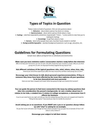 Types of Topics in Question
                     Patton notes six kinds of questions. One can ask questions about:
                          1. Behaviors - about what a person has done or is doing
                      2. Opinions/values - about what a person thinks about a topic
3. Feelings - note that respondents sometimes respond with "I think ..." so be careful to note that you're
                                                 looking for feelings
                                 4. Knowledge - to get facts about a topic
               5. Sensory - about what people have seen, touched, heard, tasted or smelled
         6. Background/demographics - standard background questions, such as age, education, etc.




Guidelines for Formulating Questions
                    Sample Issue: Effects of Stop & Frisk on Individuals and Communities


 Make sure you have statistics and/or conversation starters ready before the interview
  80% of all Stop and Frisk victims are men of color only 10% of searches have resulted in arrests. Why do you think
                       young men of color are disproportionately targeted during stop & frisk?

  Ask different variations of the typical questions: who, what, where, when, how, why.
           How do you think these experiences affect the way community members view young men of color?

 Encourage your interviewee to talk about personal experiences/anecdotes. If they or
 someone they know have been effected by the issue then rephrase all your questions
                         to be less theoretical and more personal.
       Have you ever been stopped and frisked? What was going through your head at the moment?




You can guide the person to feel more connected to the issue by asking questions that
     take into consideration the person’s backgrounds. Ie: ask a mother about how it
relates to her kids, a student how it relates to college acceptance, a storeowner how it
                                              effects her business.
  If you’re son came home one night and told you they felt violated because they were just stopped and frisked for
                       “fitting the description” how would you help him handle the situation?



 Avoid asking yes or no questions. If you MUST ask a yes or no question always follow
                                  up with “why” or asking for an example.
  Do you feel racism still exists even though we have a black president? Can you give me an example of how it still
                                                   exists or why it doesn’t?

                            Encourage your subject to tell their stories  




                                                         1
 