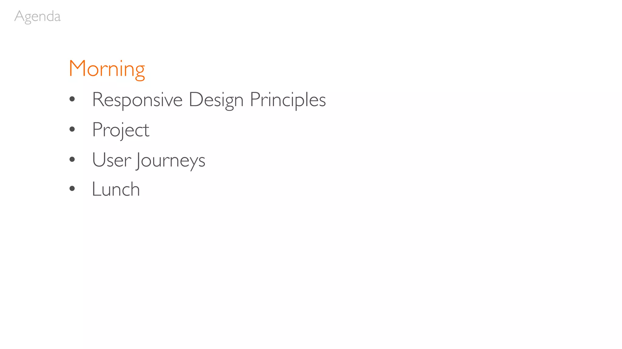 Morning
• Responsive Design Principles
• Project
• User Journeys
• Lunch
Agenda
 