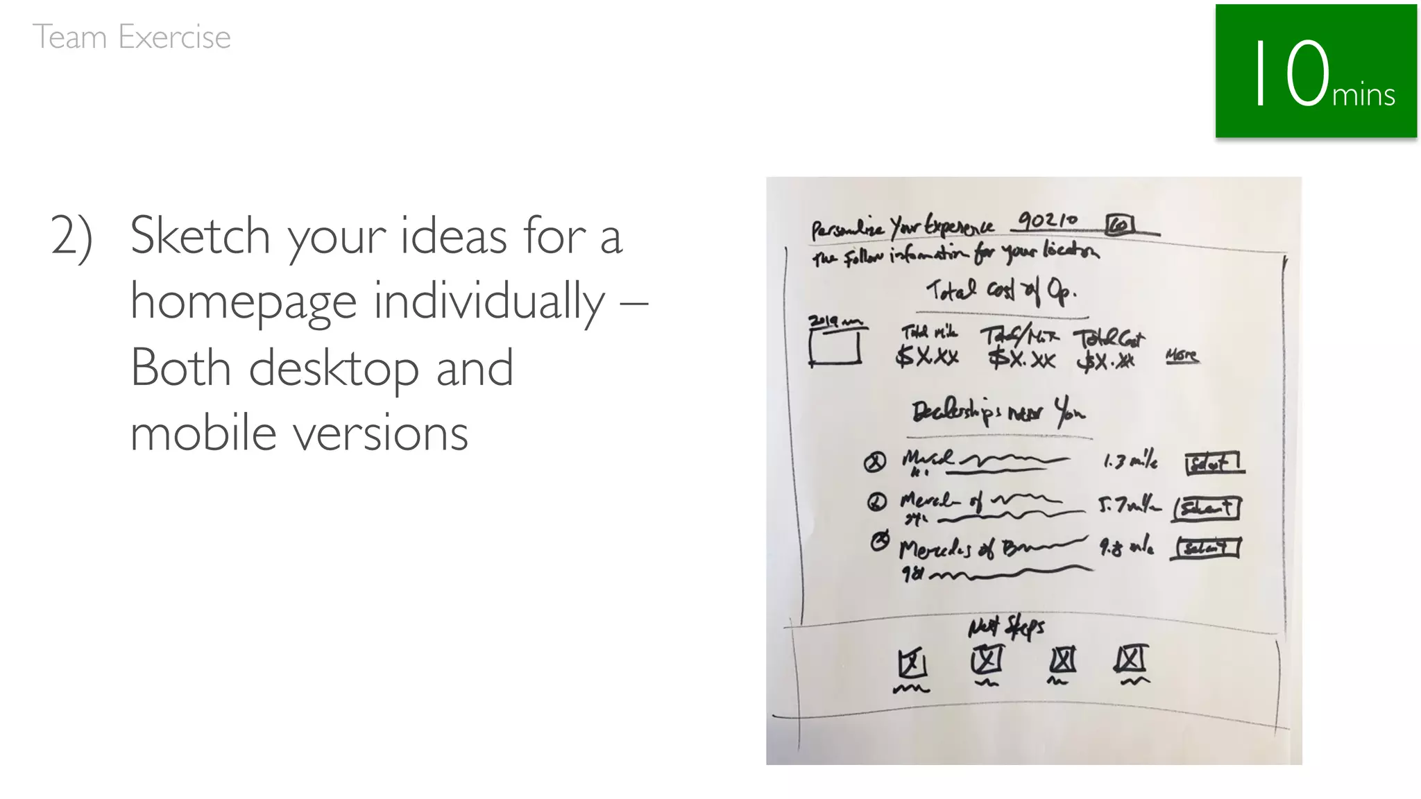 2) Sketch your ideas for a
homepage individually –
Both desktop and
mobile versions
Team Exercise
10mins
 
