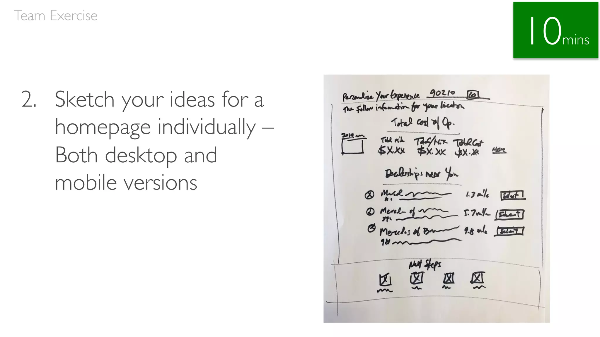 2. Sketch your ideas for a
homepage individually –
Both desktop and
mobile versions
Team Exercise
10mins
 