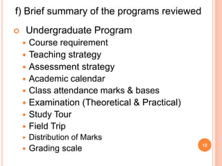  Undergraduate Program
 Course requirement
 Teaching strategy
 Assessment strategy
 Academic calendar
 Class attendance marks & bases
 Examination (Theoretical & Practical)
 Study Tour
 Field Trip
 Distribution of Marks
 Grading scale
12
f) Brief summary of the programs reviewed
 
